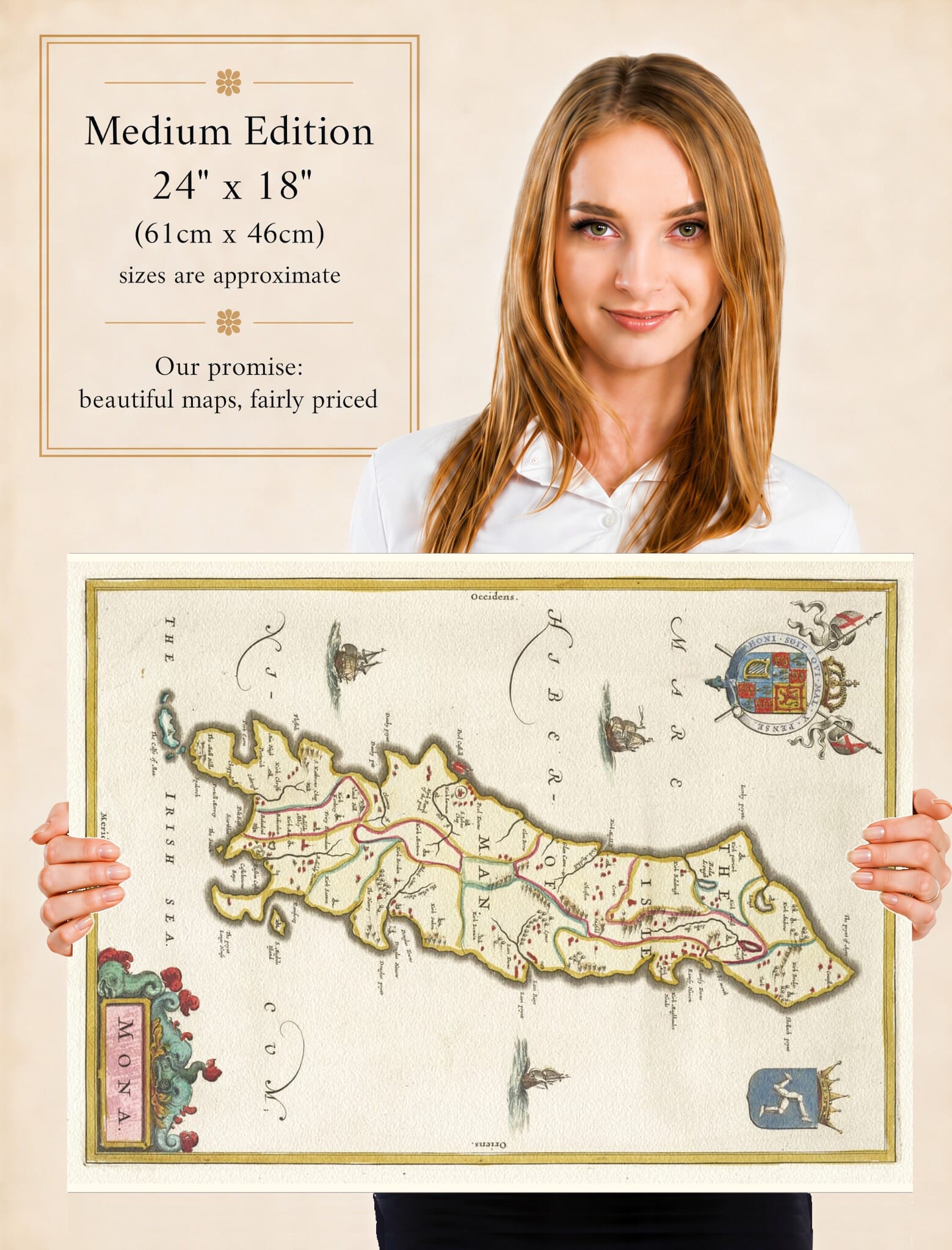 Lady holding the Medium Edition of Joan Blaeu's old map of Isle Of Man