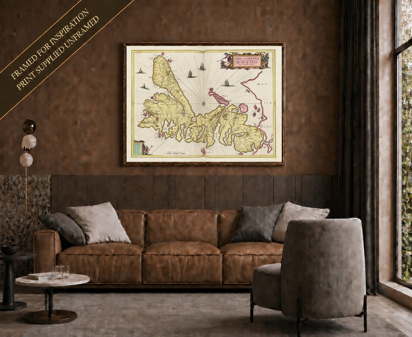 Joan Blaeu's old map of Isle Of Skye shown framed; print supplied unframed