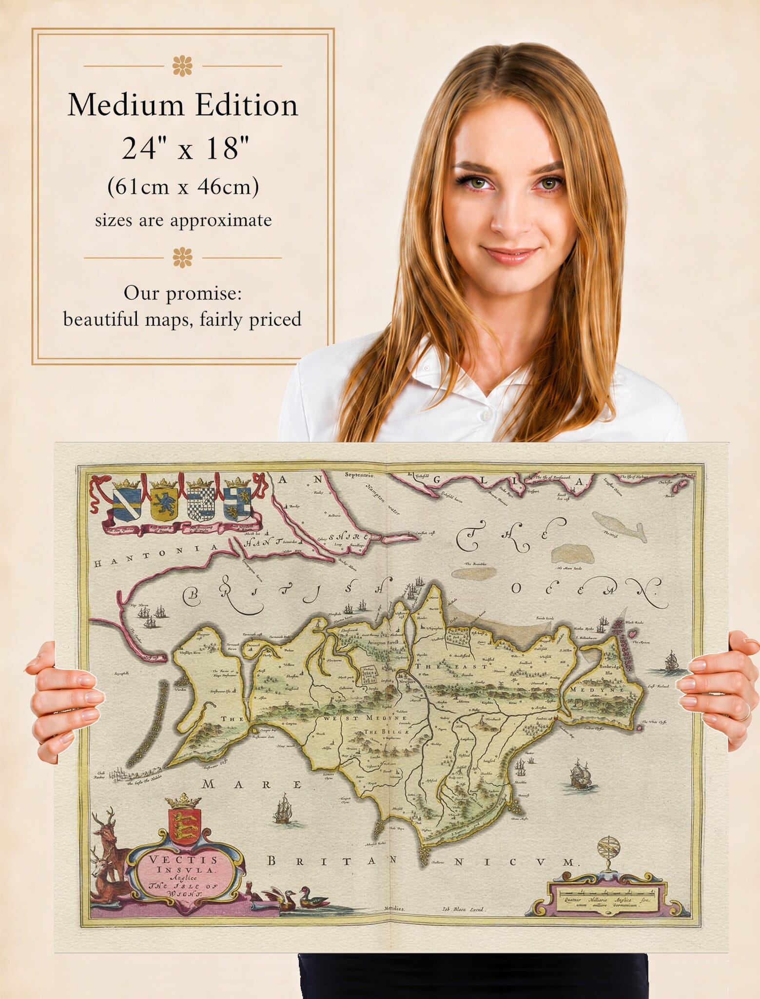 Lady holding the Medium Edition of Joan Blaeu's old map of Isle Of Wight