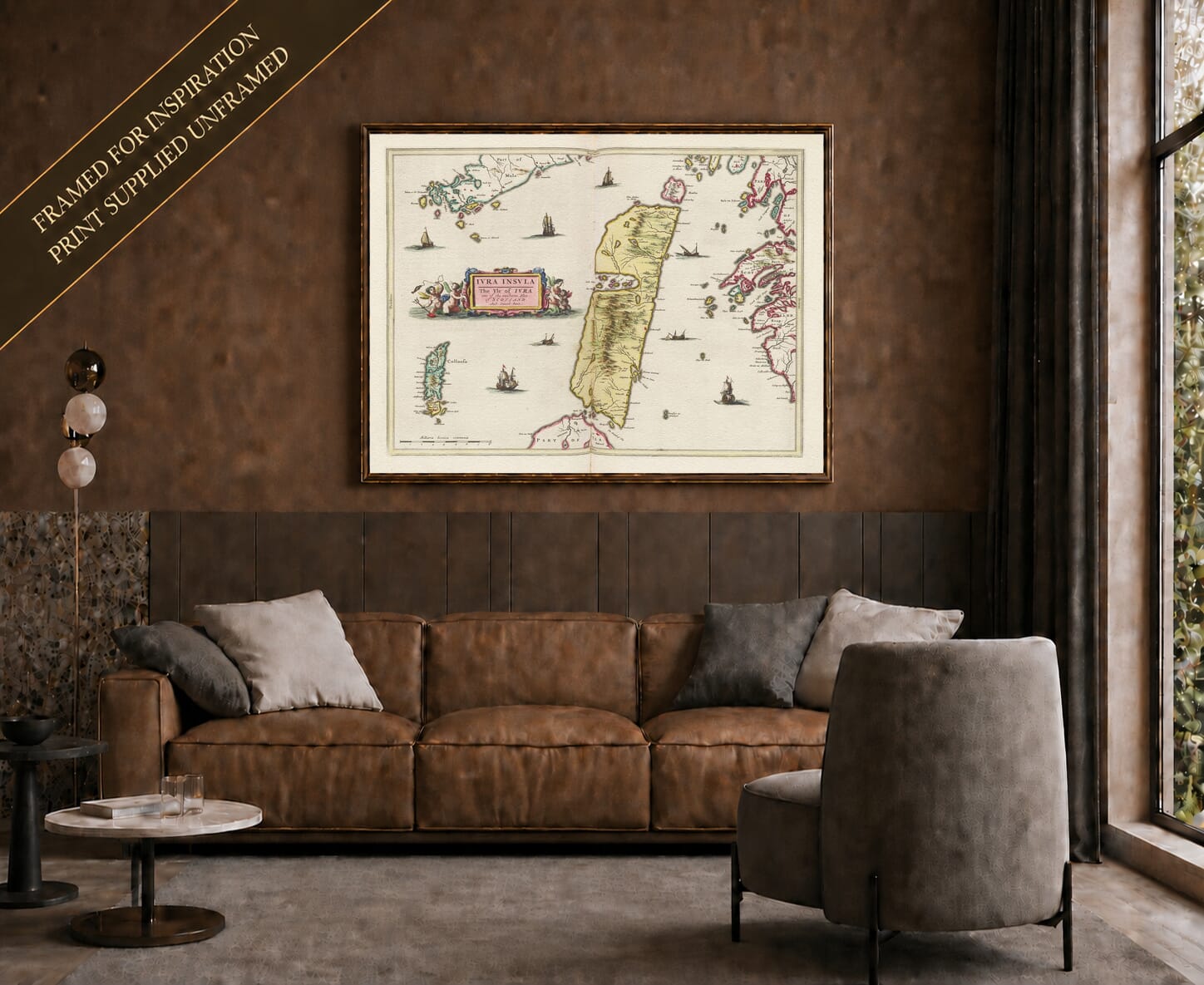 Joan Blaeu's old map of Jura shown framed; print supplied unframed