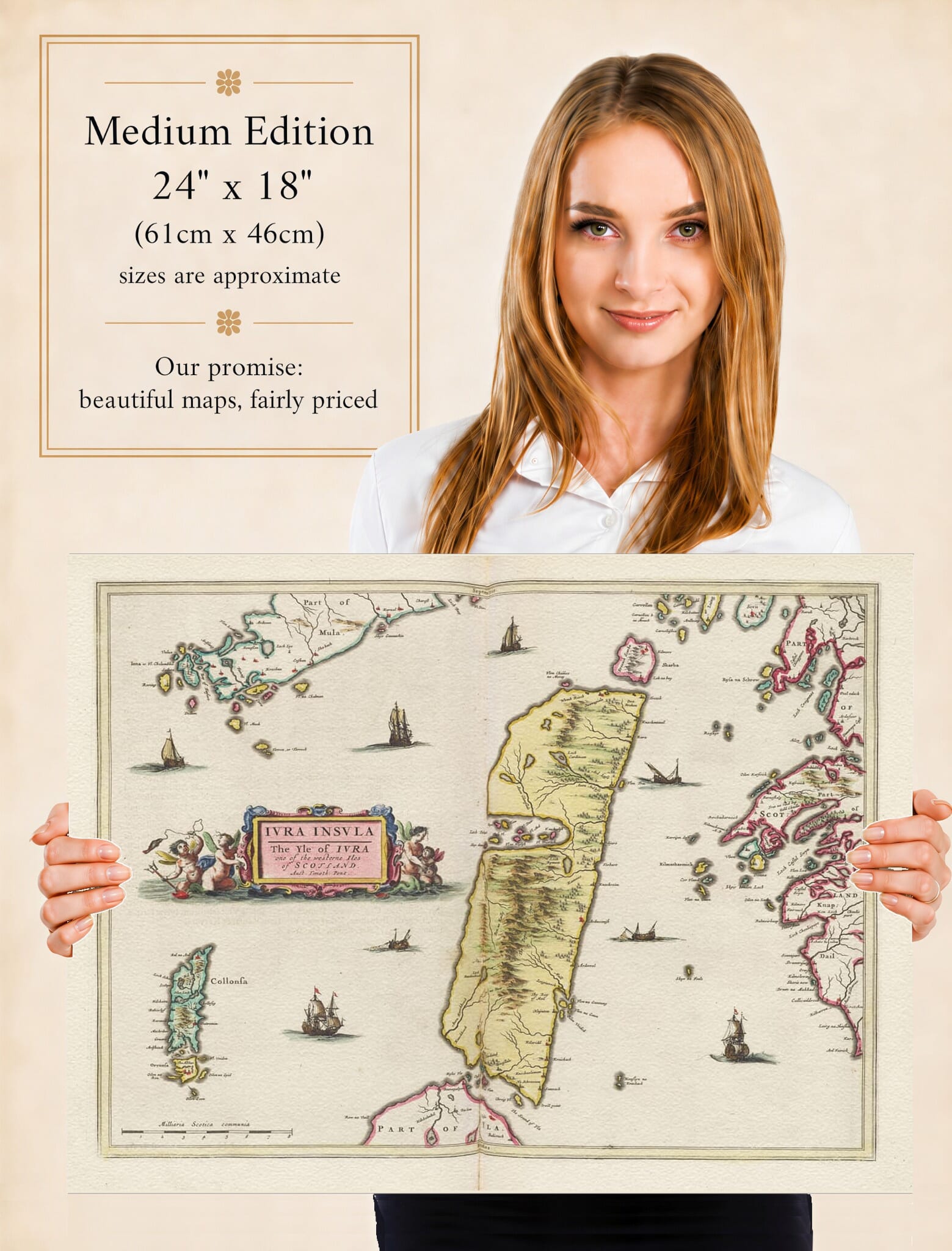 Lady holding the Medium Edition of Joan Blaeu's old map of Jura