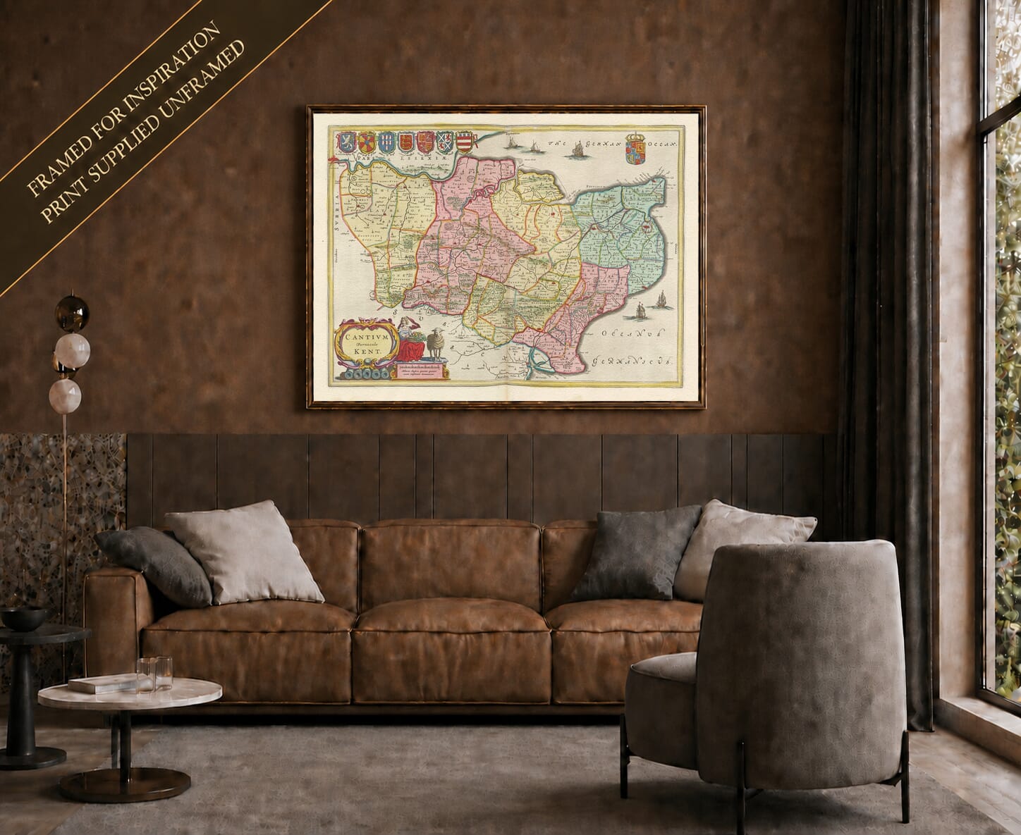 Joan Blaeu's old map of Kent shown framed; print supplied unframed