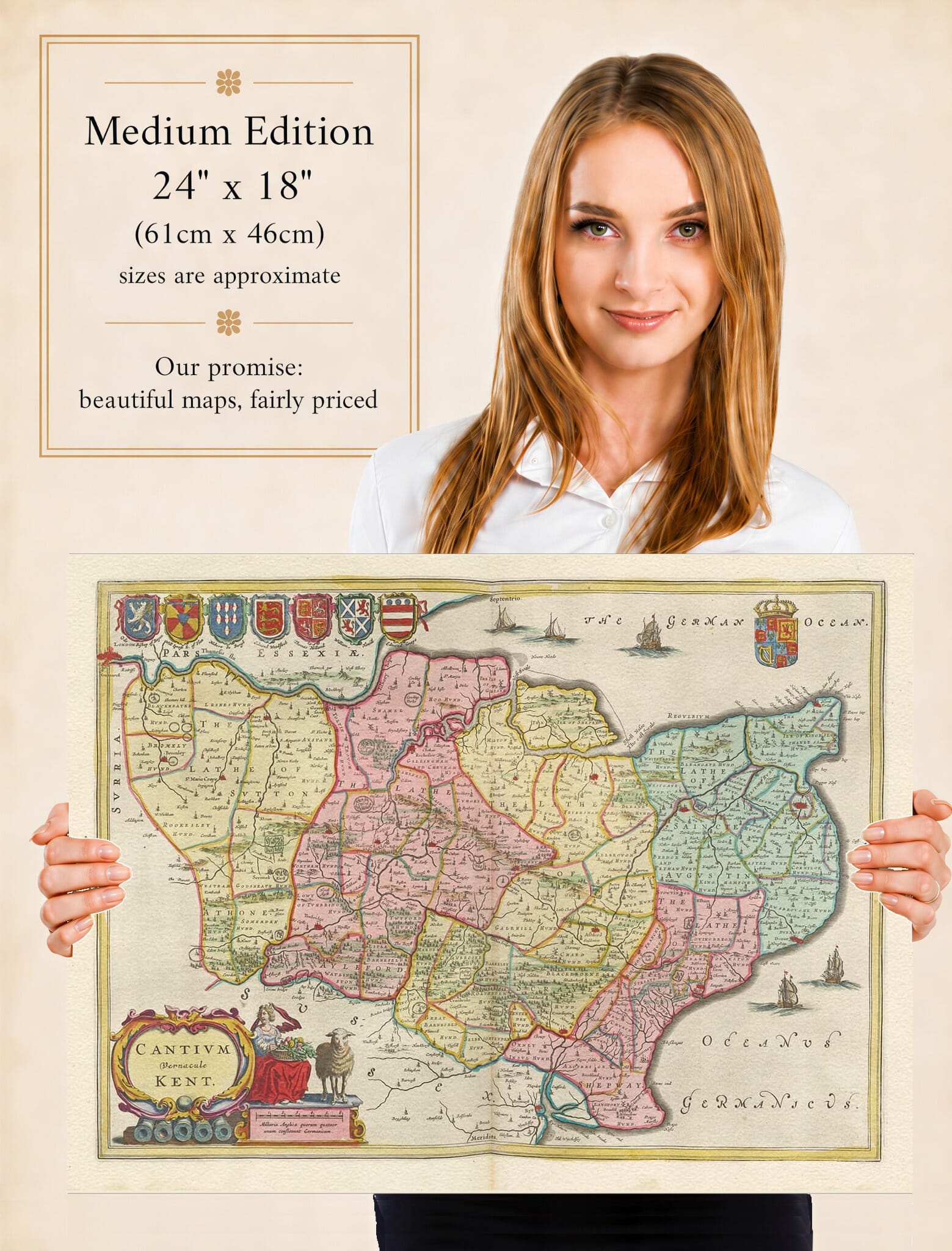 Lady holding the Medium Edition of Joan Blaeu's old map of Kent