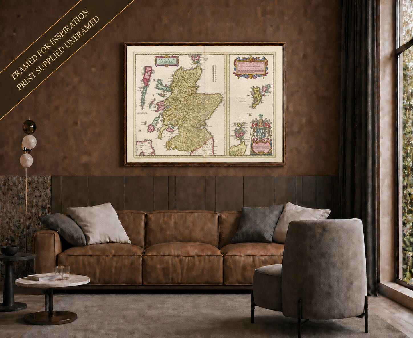 Joan Blaeu's old map of Kingdom Of Scotland shown framed; print supplied unframed