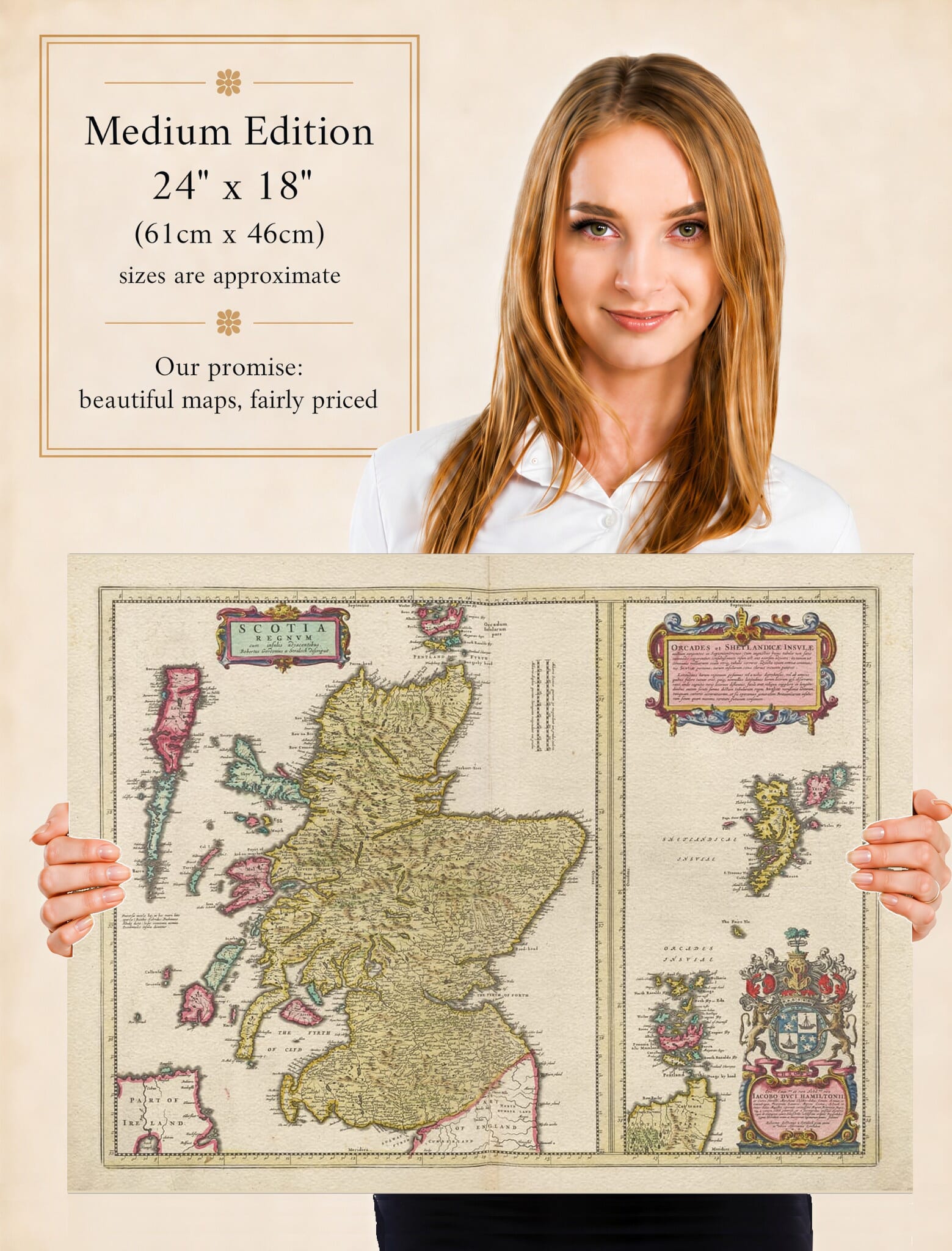 Lady holding the Medium Edition of Joan Blaeu's old map of Kingdom Of Scotland