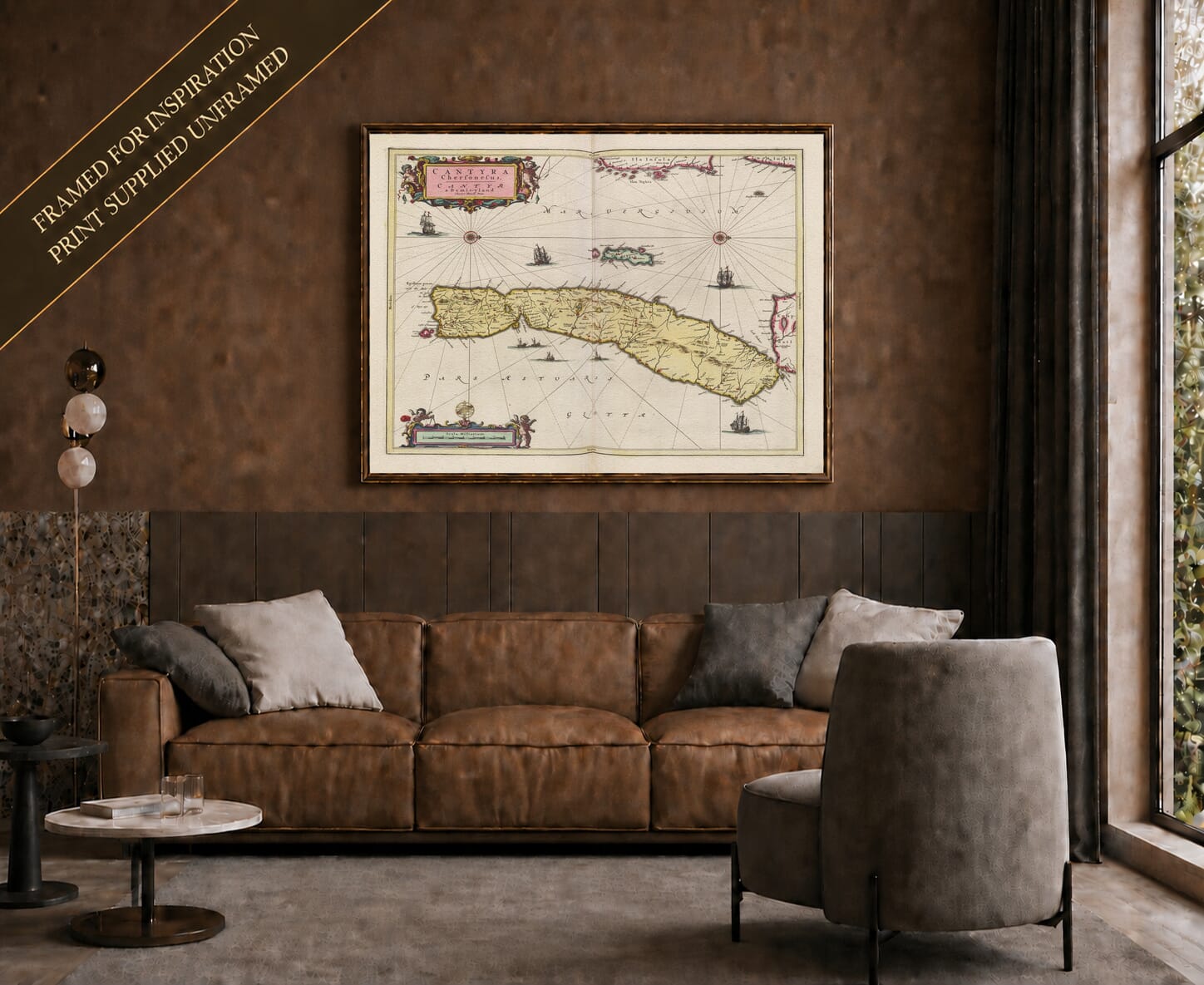 Joan Blaeu's old map of Kintyre shown framed; print supplied unframed