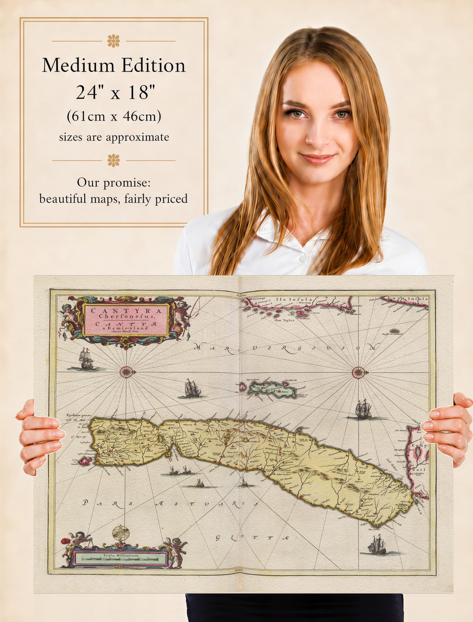 Lady holding the Medium Edition of Joan Blaeu's old map of Kintyre