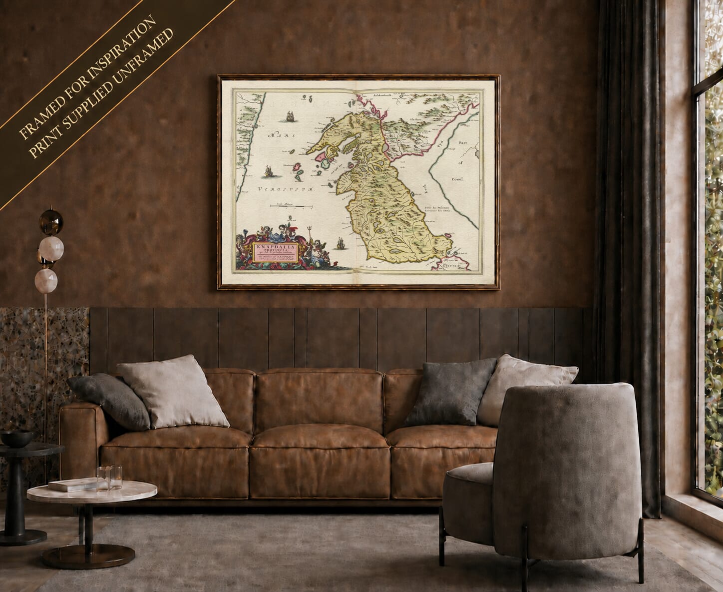 Joan Blaeu's old map of Knapdale shown framed; print supplied unframed