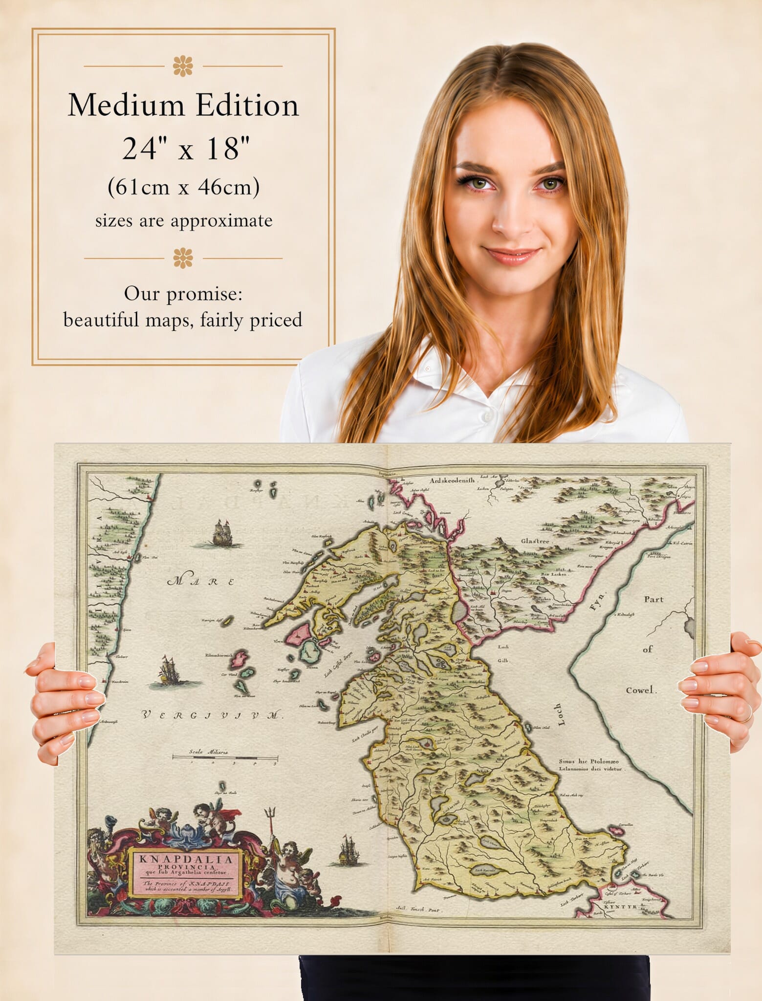 Lady holding the Medium Edition of Joan Blaeu's old map of Knapdale