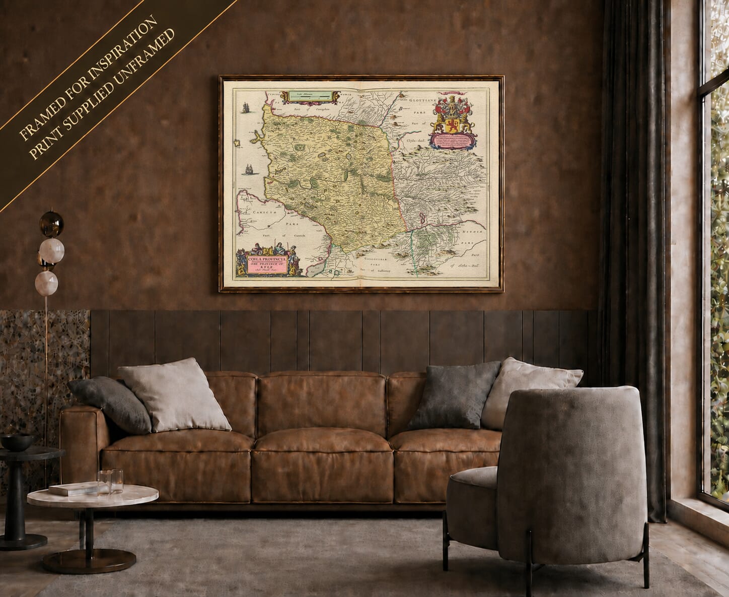 Joan Blaeu's old map of Kyle shown framed; print supplied unframed