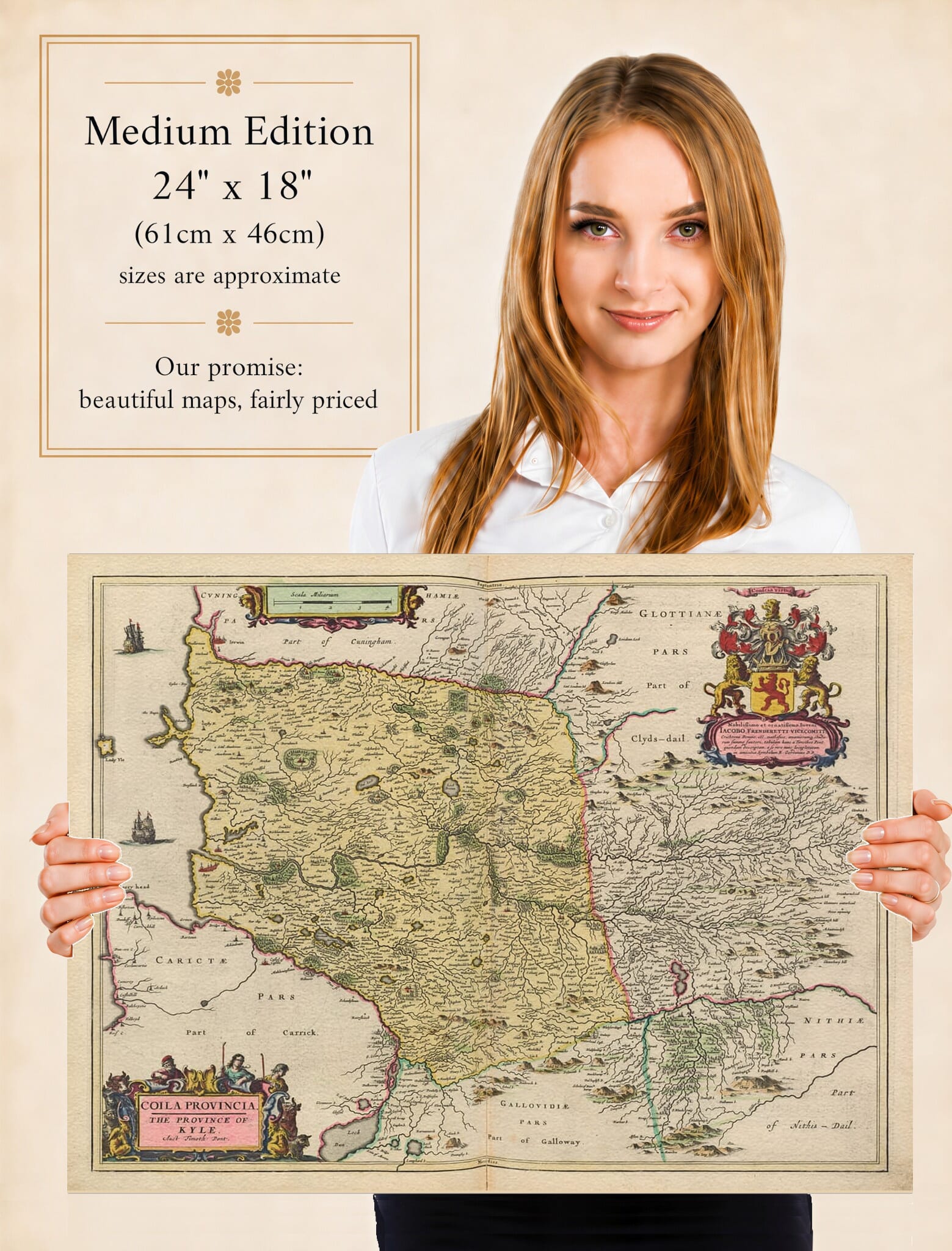 Lady holding the Medium Edition of Joan Blaeu's old map of Kyle