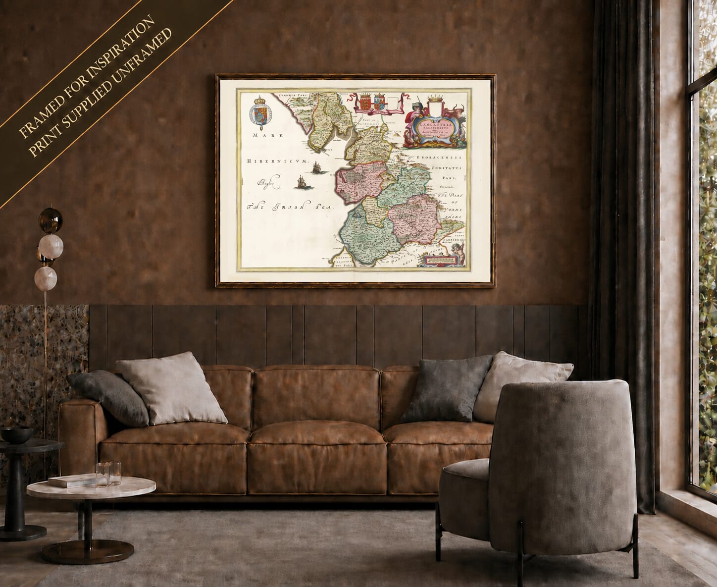 Joan Blaeu's old map of Lancashire shown framed; print supplied unframed