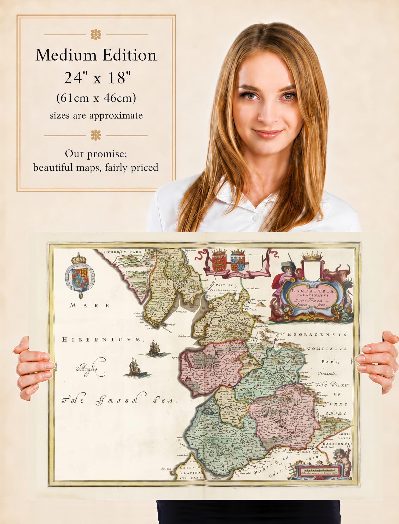 Lady holding the Medium Edition of Joan Blaeu's old map of Lancashire