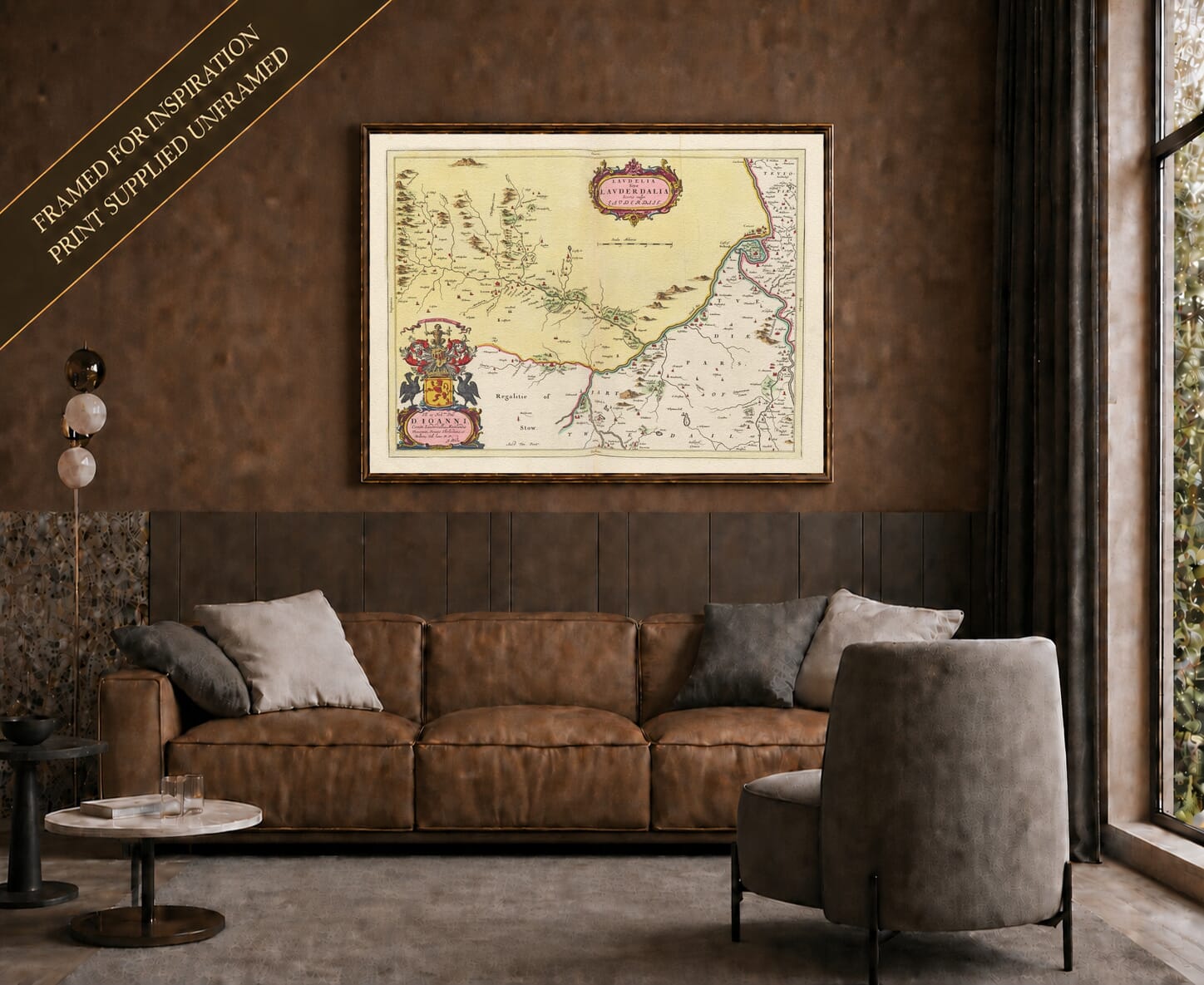 Joan Blaeu's old map of Lauderdale shown framed; print supplied unframed