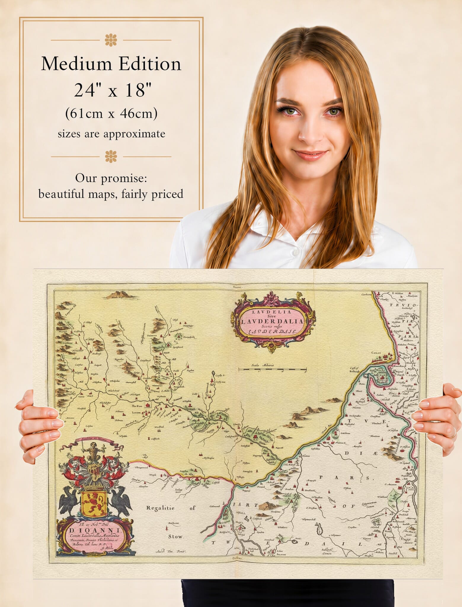 Lady holding the Medium Edition of Joan Blaeu's old map of Lauderdale