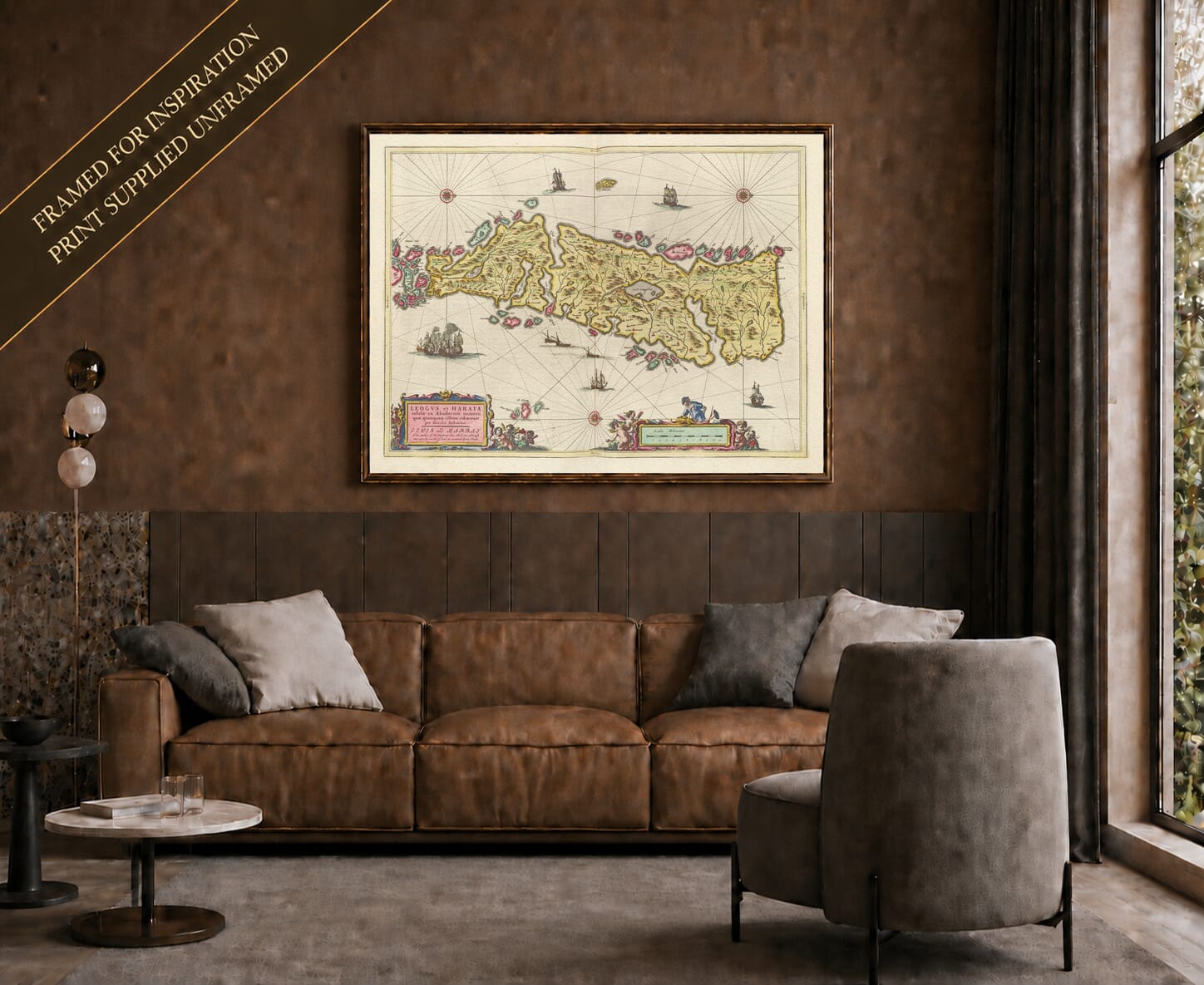 Joan Blaeu's old map of Lewis And Harris shown framed; print supplied unframed