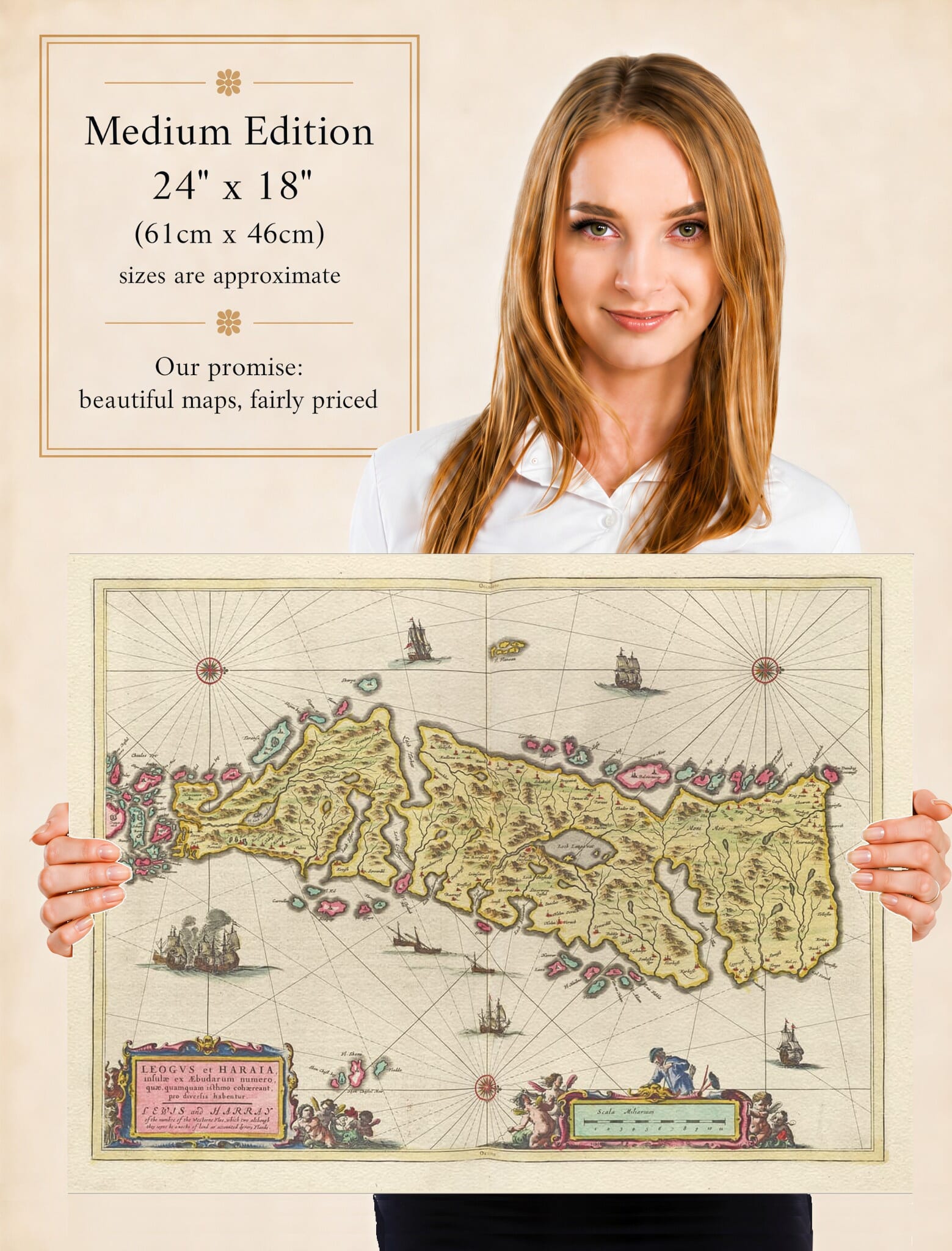Lady holding the Medium Edition of Joan Blaeu's old map of Lewis And Harris