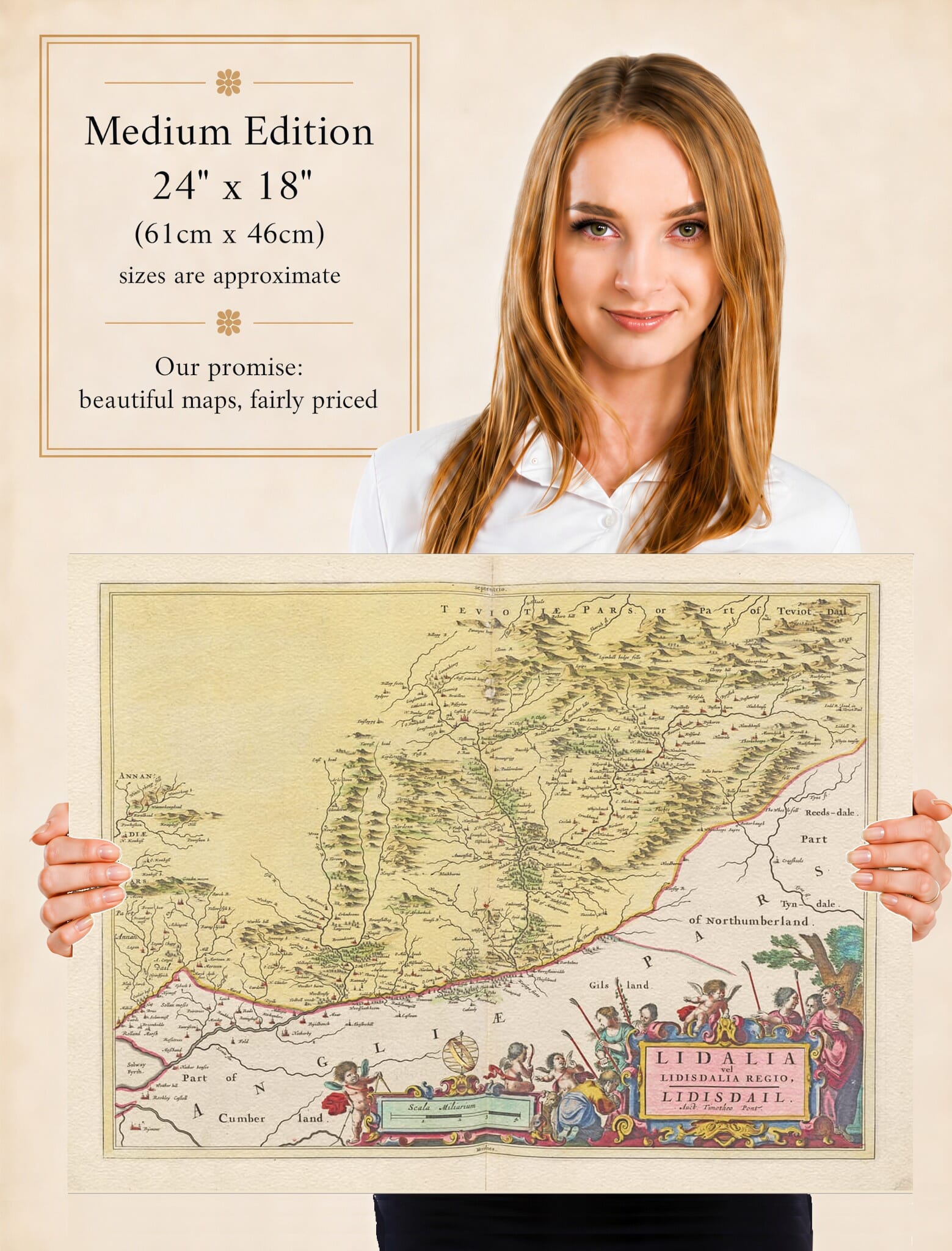 Lady holding the Medium Edition of Joan Blaeu's old map of Liddesdale