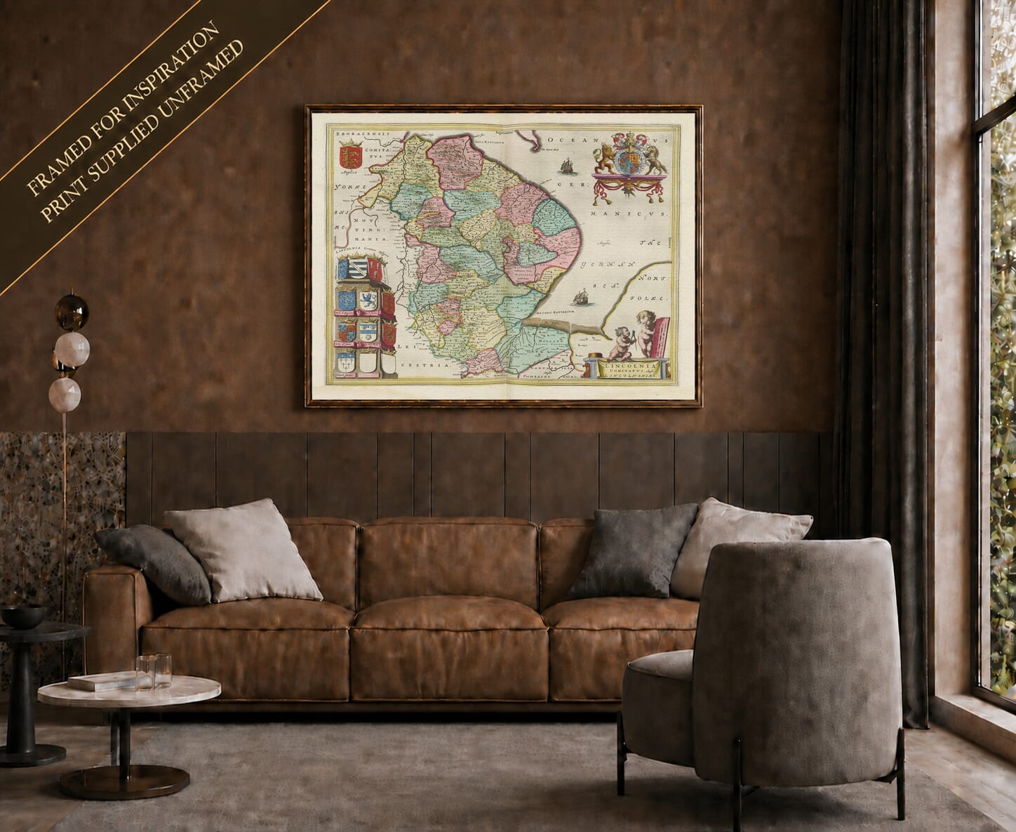 Joan Blaeu's old map of Lincolnshire shown framed; print supplied unframed