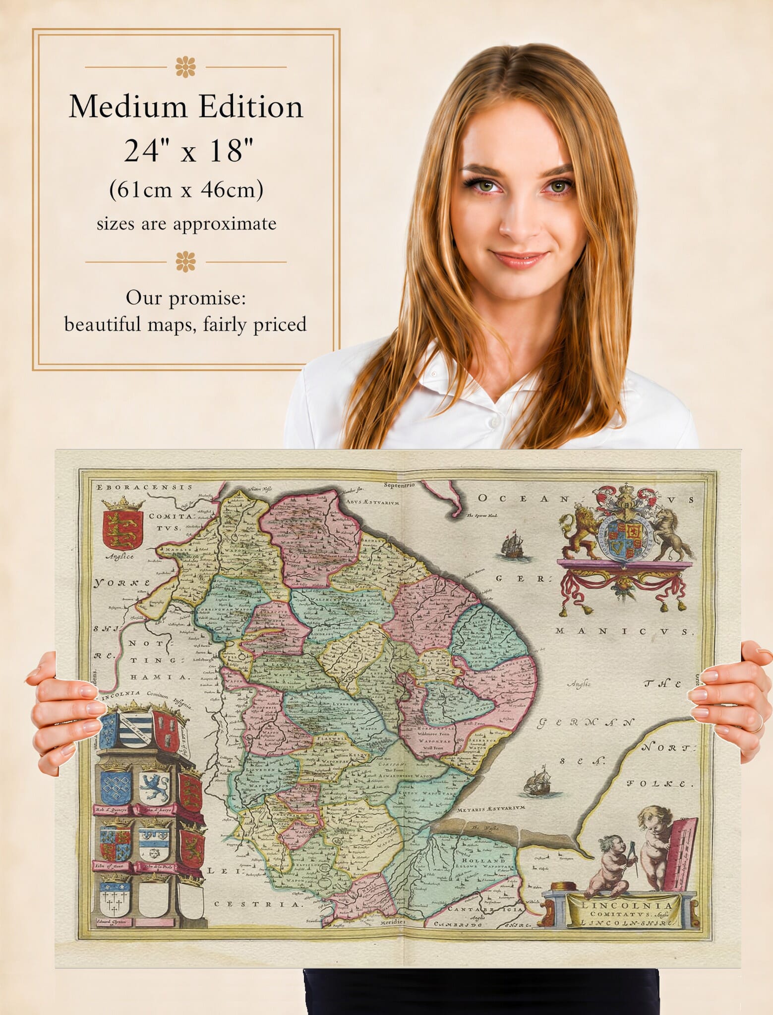 Lady holding the Medium Edition of Joan Blaeu's old map of Lincolnshire