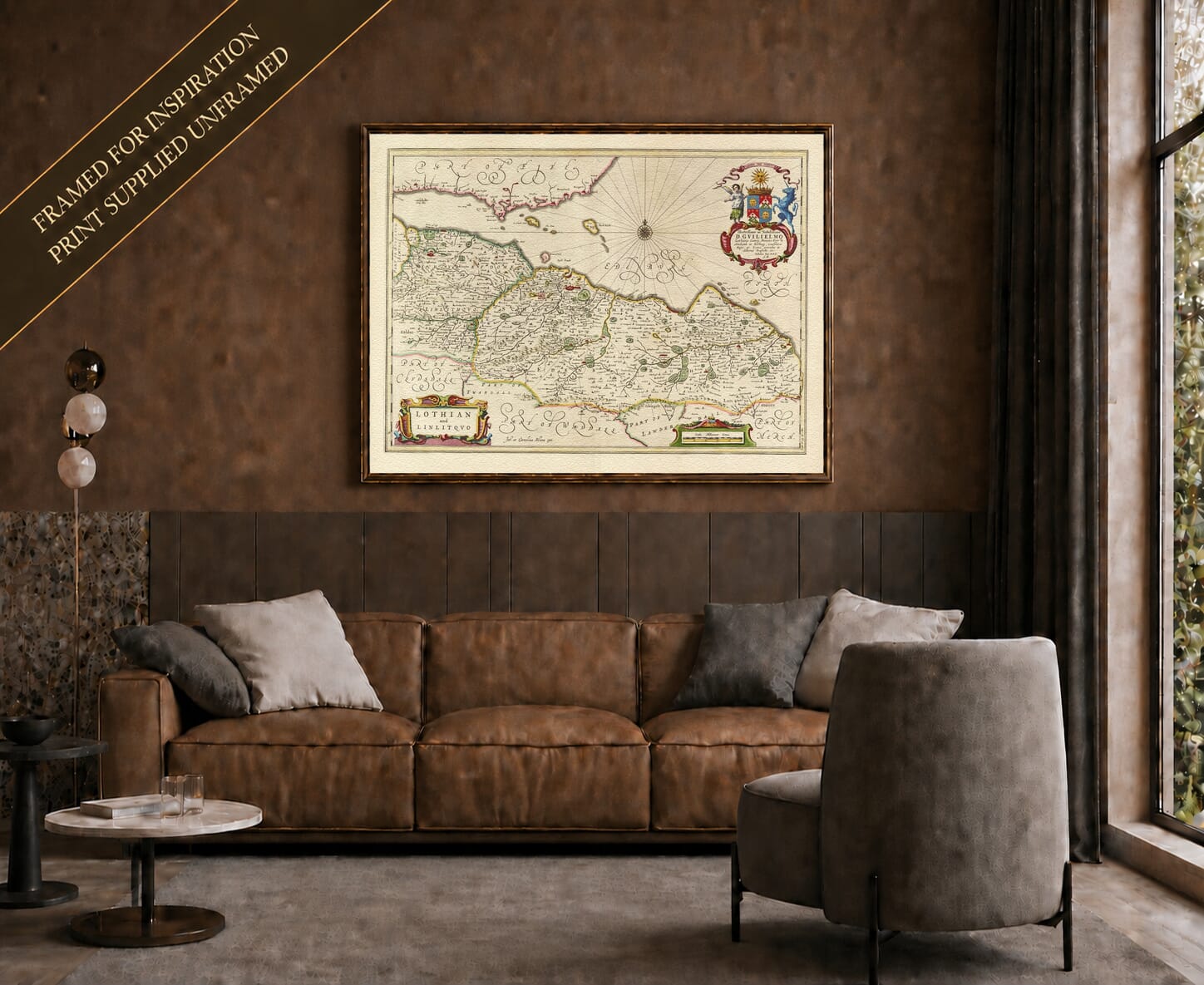Joan Blaeu's old map of Lothians shown framed; print supplied unframed