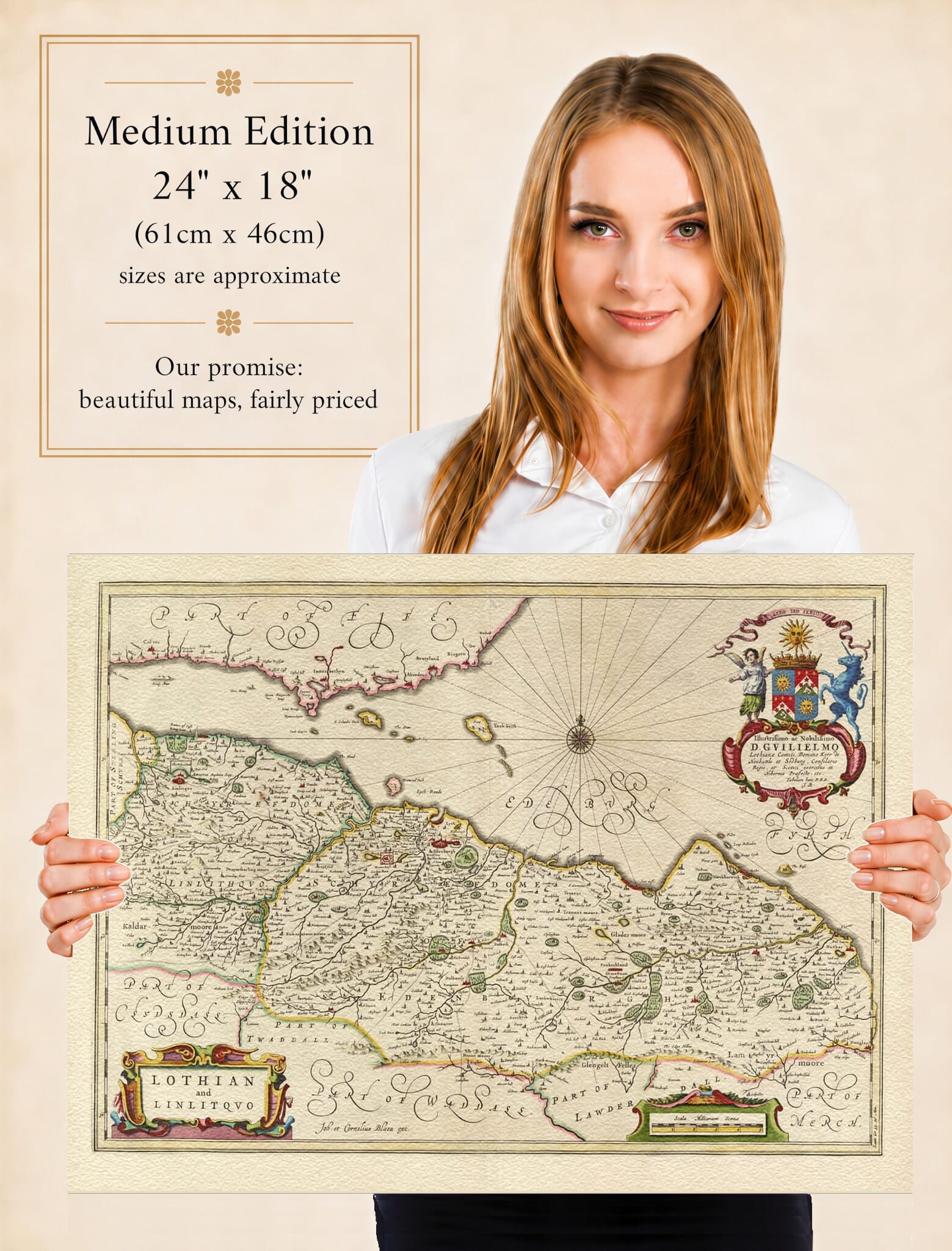 Lady holding the Medium Edition of Joan Blaeu's old map of Lothians