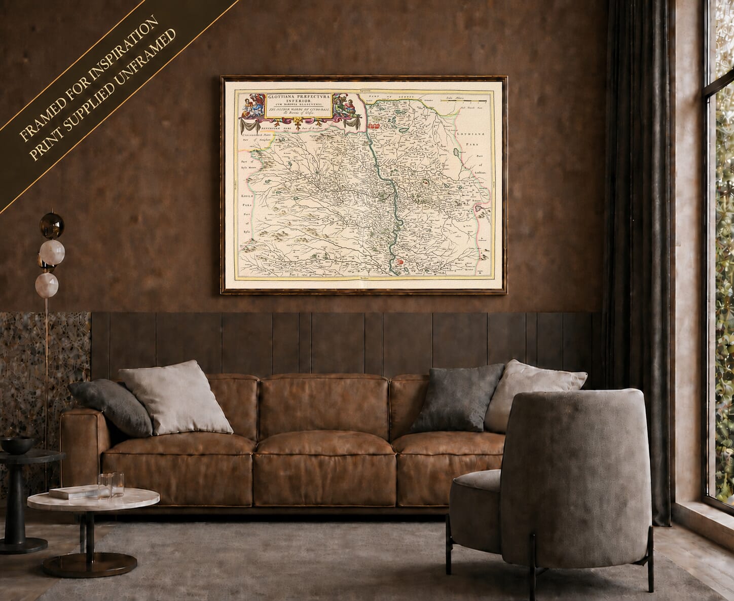 Joan Blaeu's old map of Lower Clydesdale And Glasgow shown framed; print supplied unframed