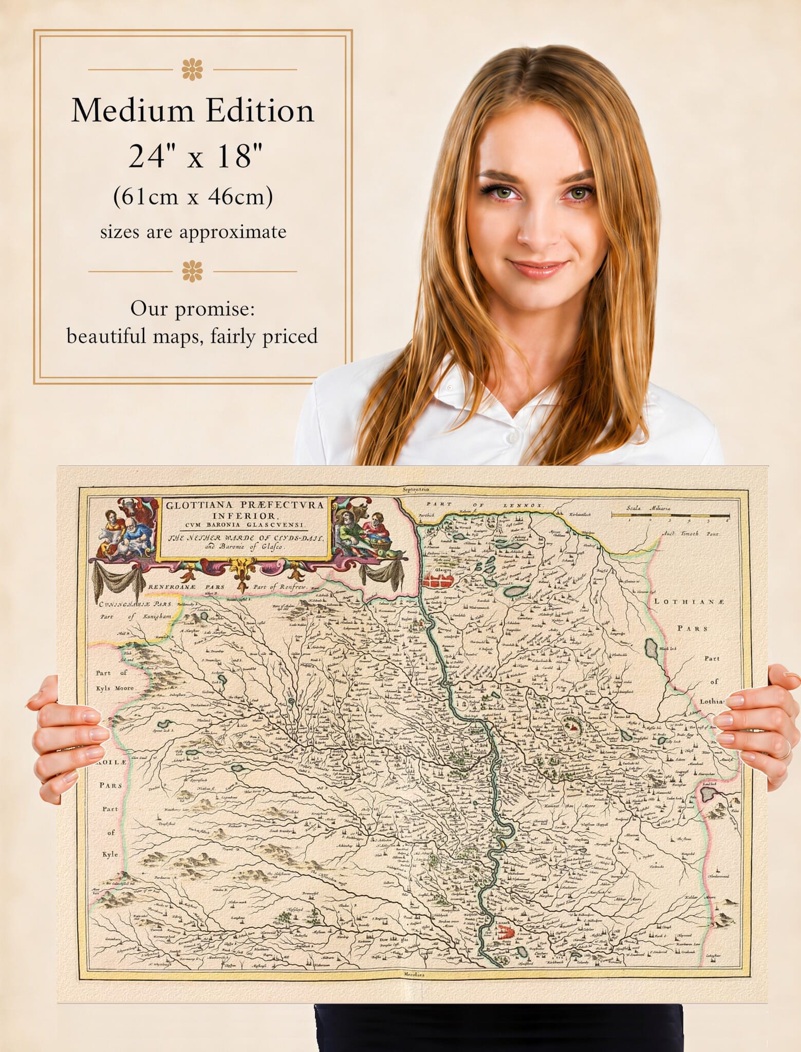 Lady holding the Medium Edition of Joan Blaeu's old map of Lower Clydesdale And Glasgow