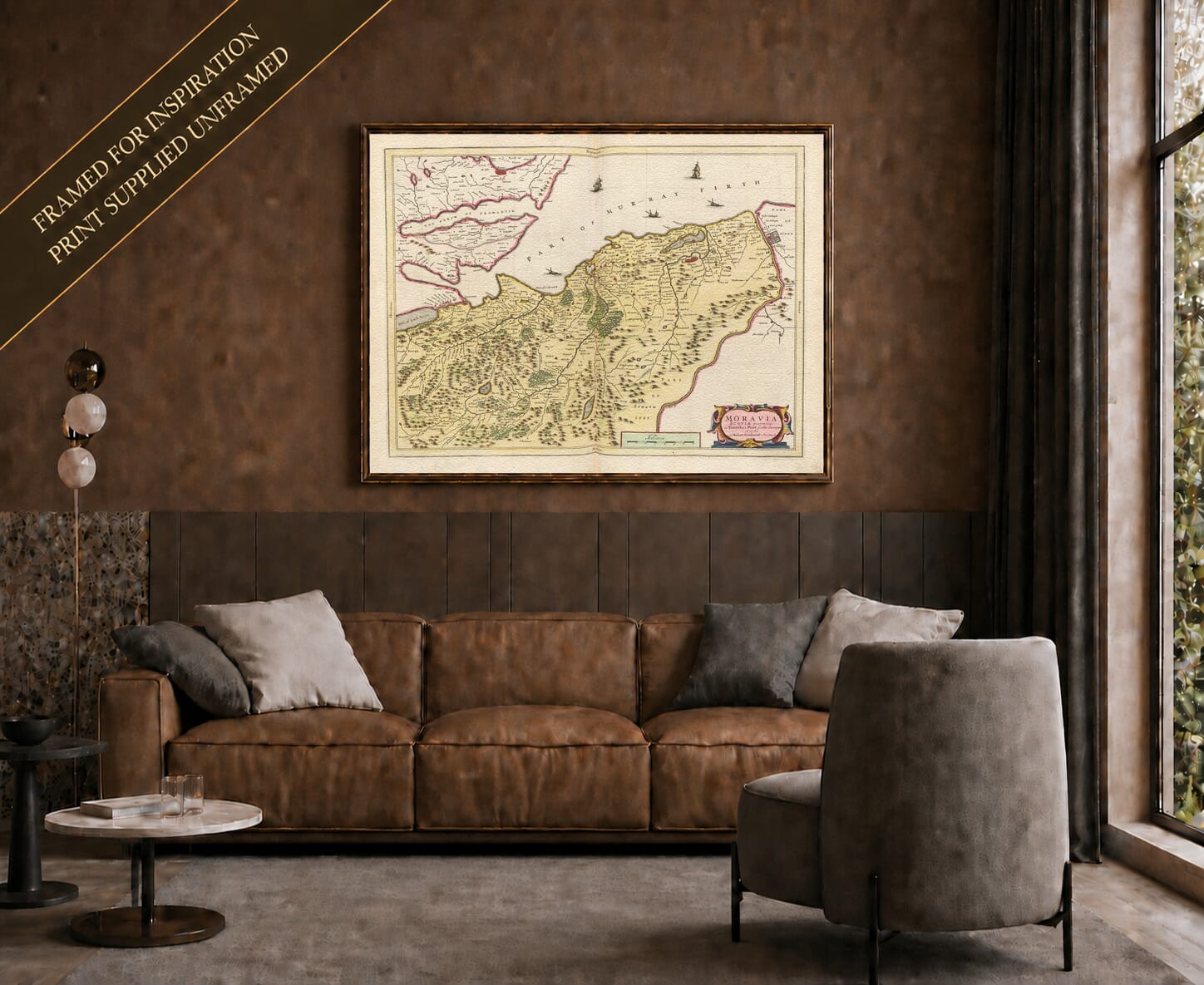 Joan Blaeu's old map of Moray And Nairn shown framed; print supplied unframed