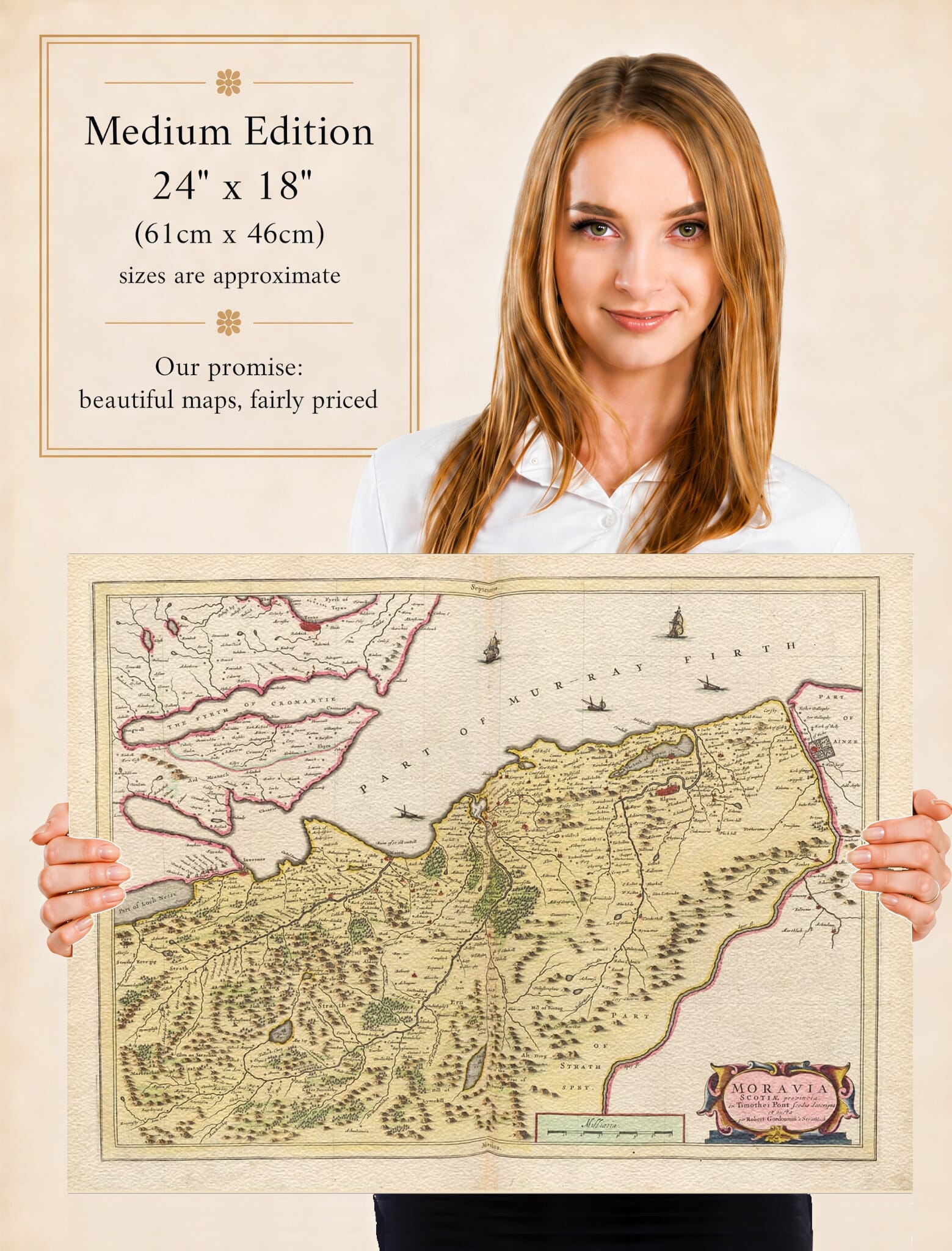 Lady holding the Medium Edition of Joan Blaeu's old map of Moray And Nairn