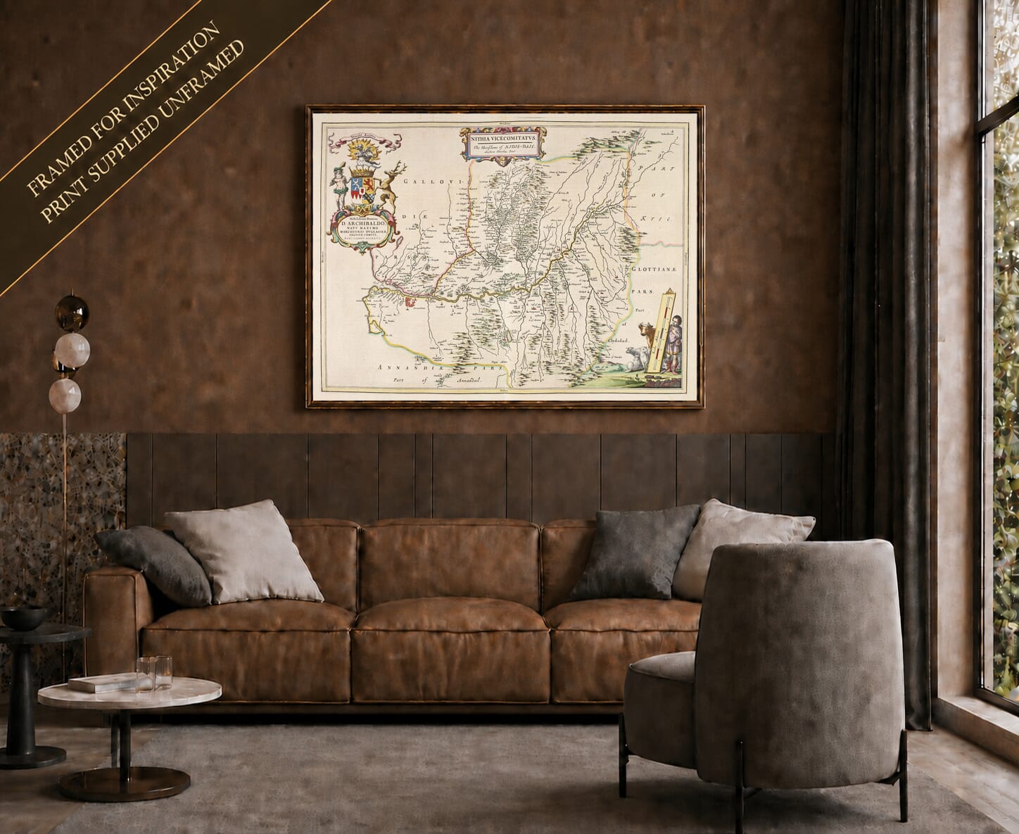 Joan Blaeu's old map of Nithsdale shown framed; print supplied unframed