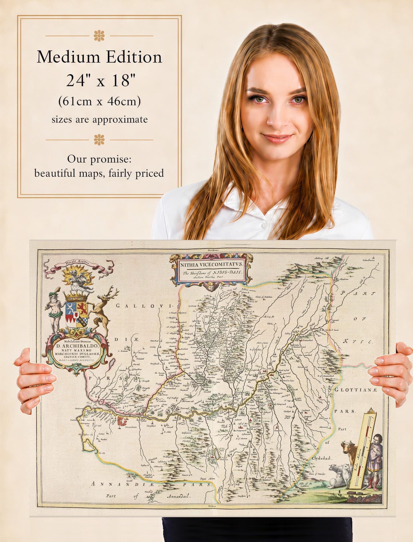 Lady holding the Medium Edition of Joan Blaeu's old map of Nithsdale