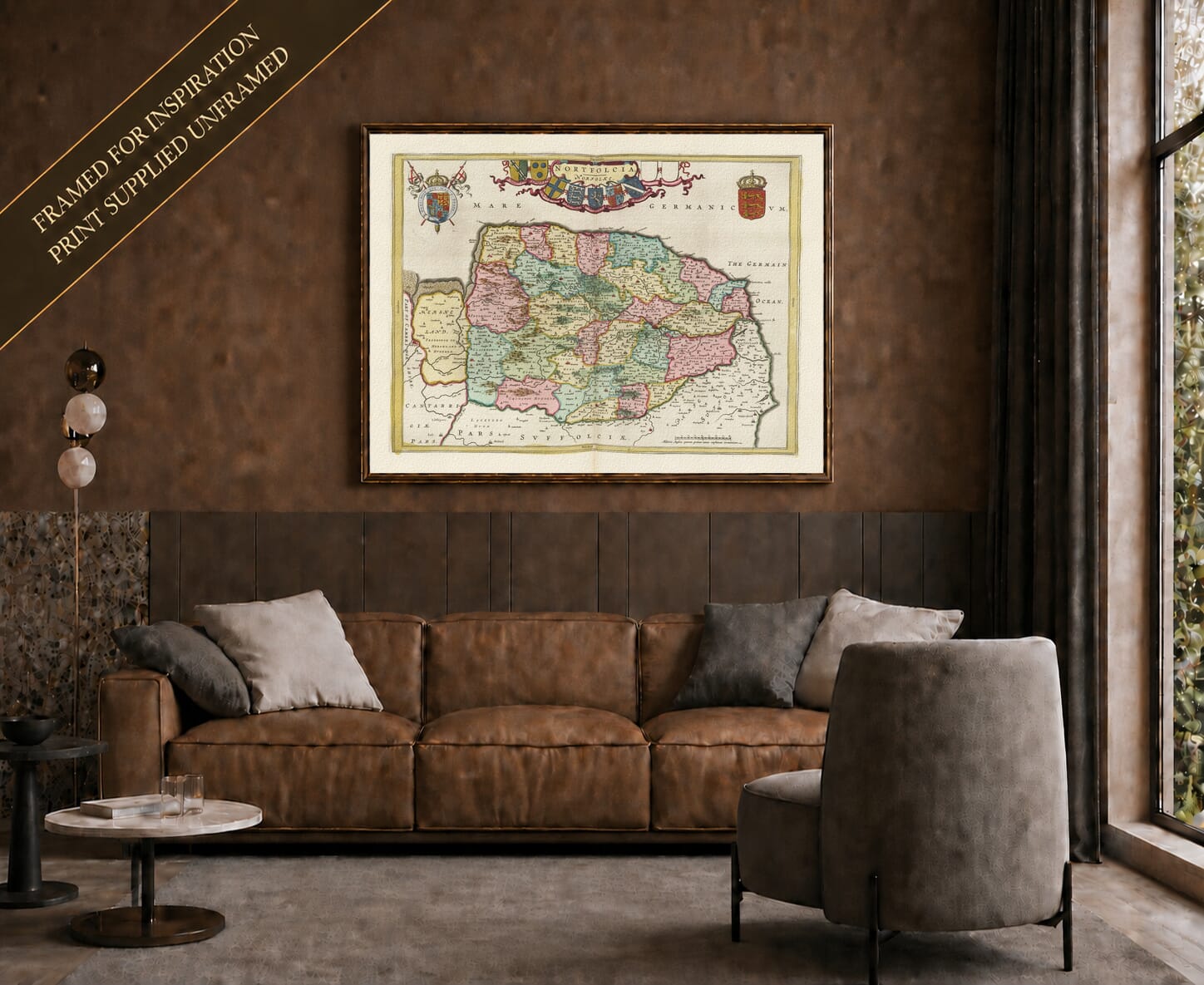 Joan Blaeu's old map of Norfolk shown framed; print supplied unframed