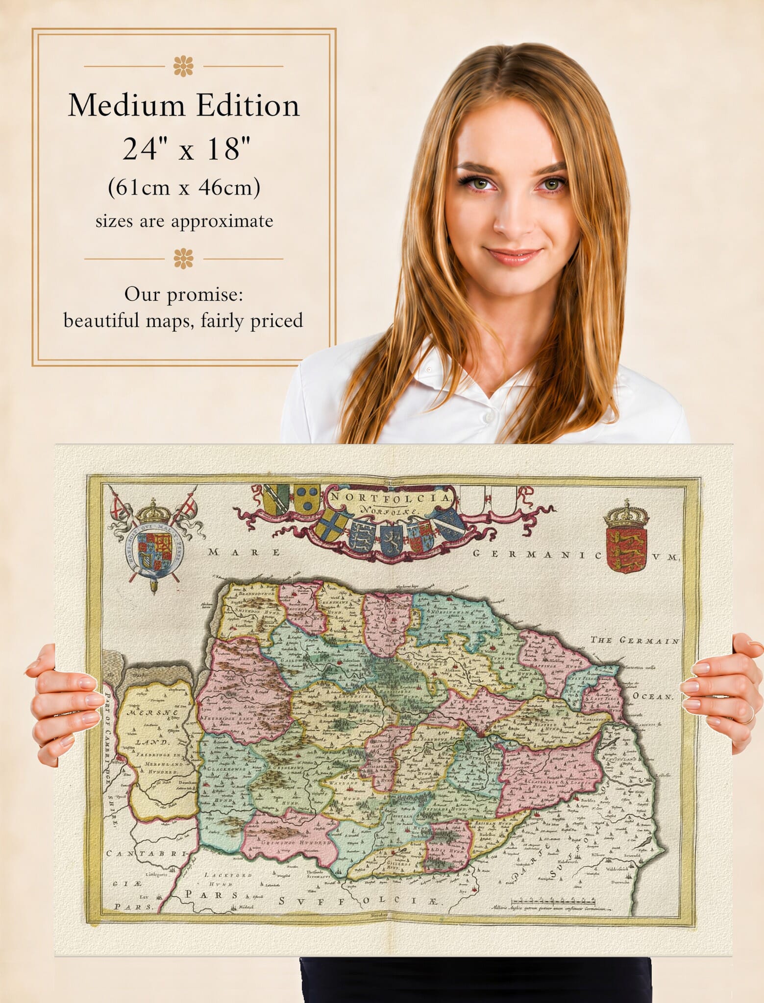 Lady holding the Medium Edition of Joan Blaeu's old map of Norfolk