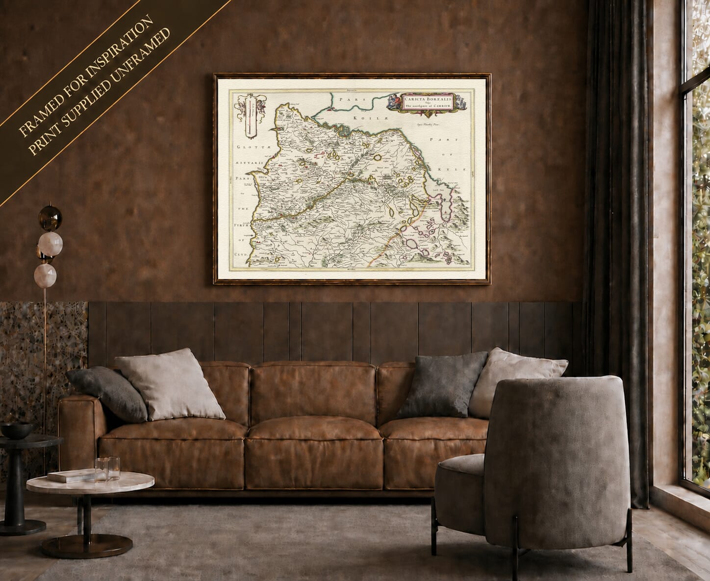 Joan Blaeu's old map of North Carrick shown framed; print supplied unframed