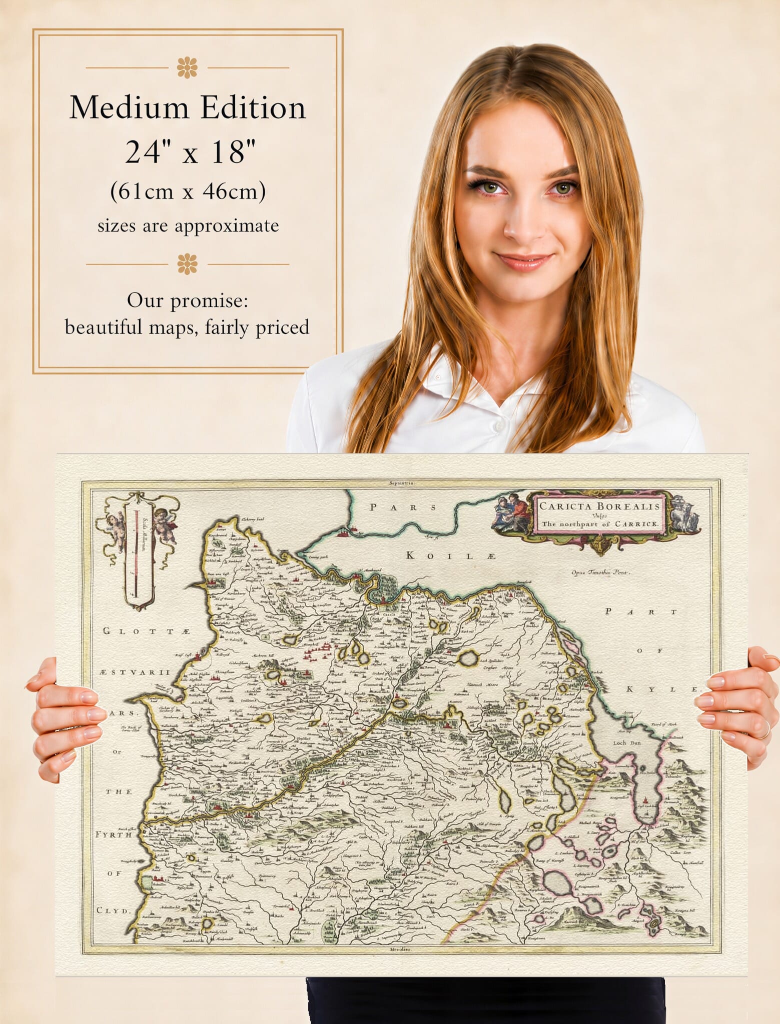 Lady holding the Medium Edition of Joan Blaeu's old map of North Carrick