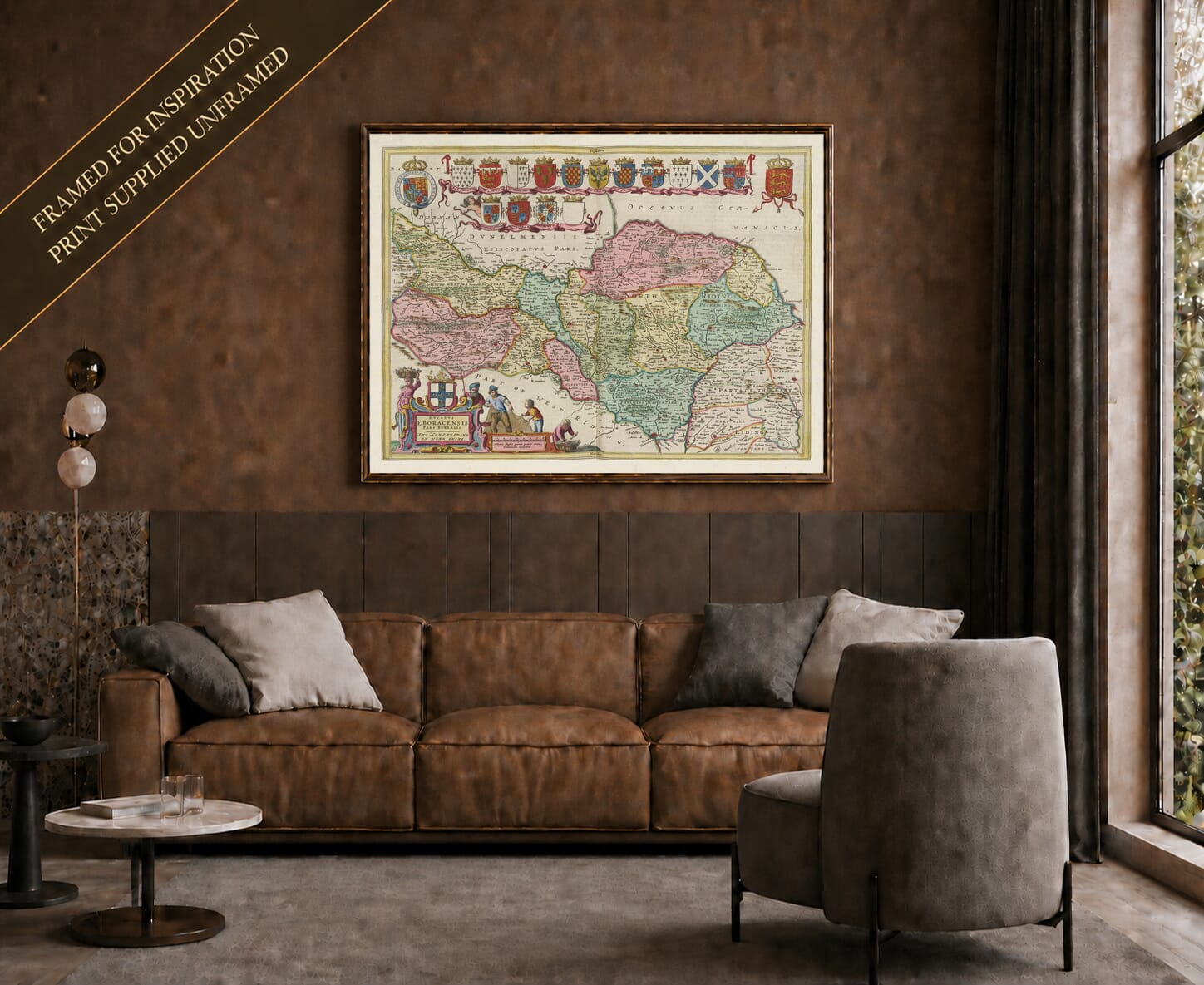 Joan Blaeu's old map of North Yorkshire shown framed; print supplied unframed