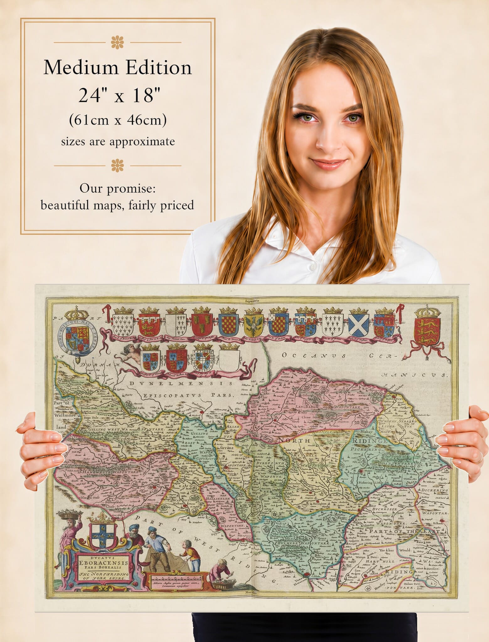 Lady holding the Medium Edition of Joan Blaeu's old map of North Yorkshire