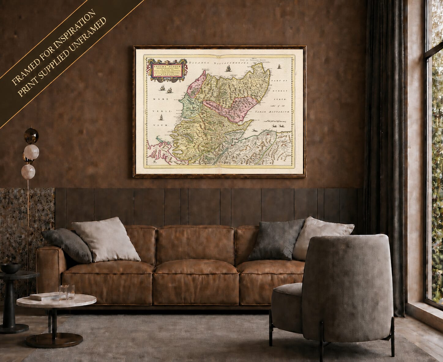 Joan Blaeu's old map of Northern Scotland shown framed; print supplied unframed