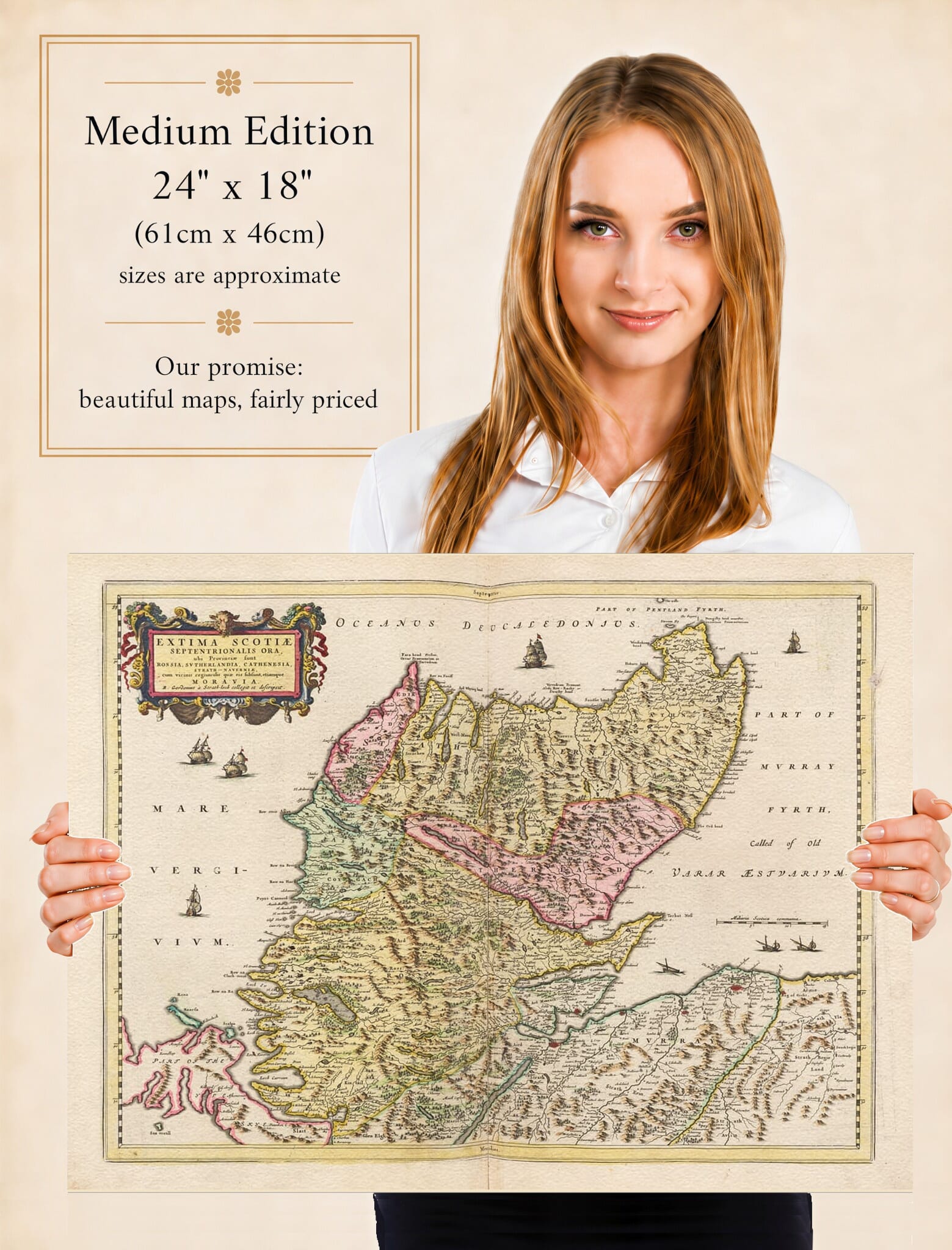 Lady holding the Medium Edition of Joan Blaeu's old map of Northern Scotland