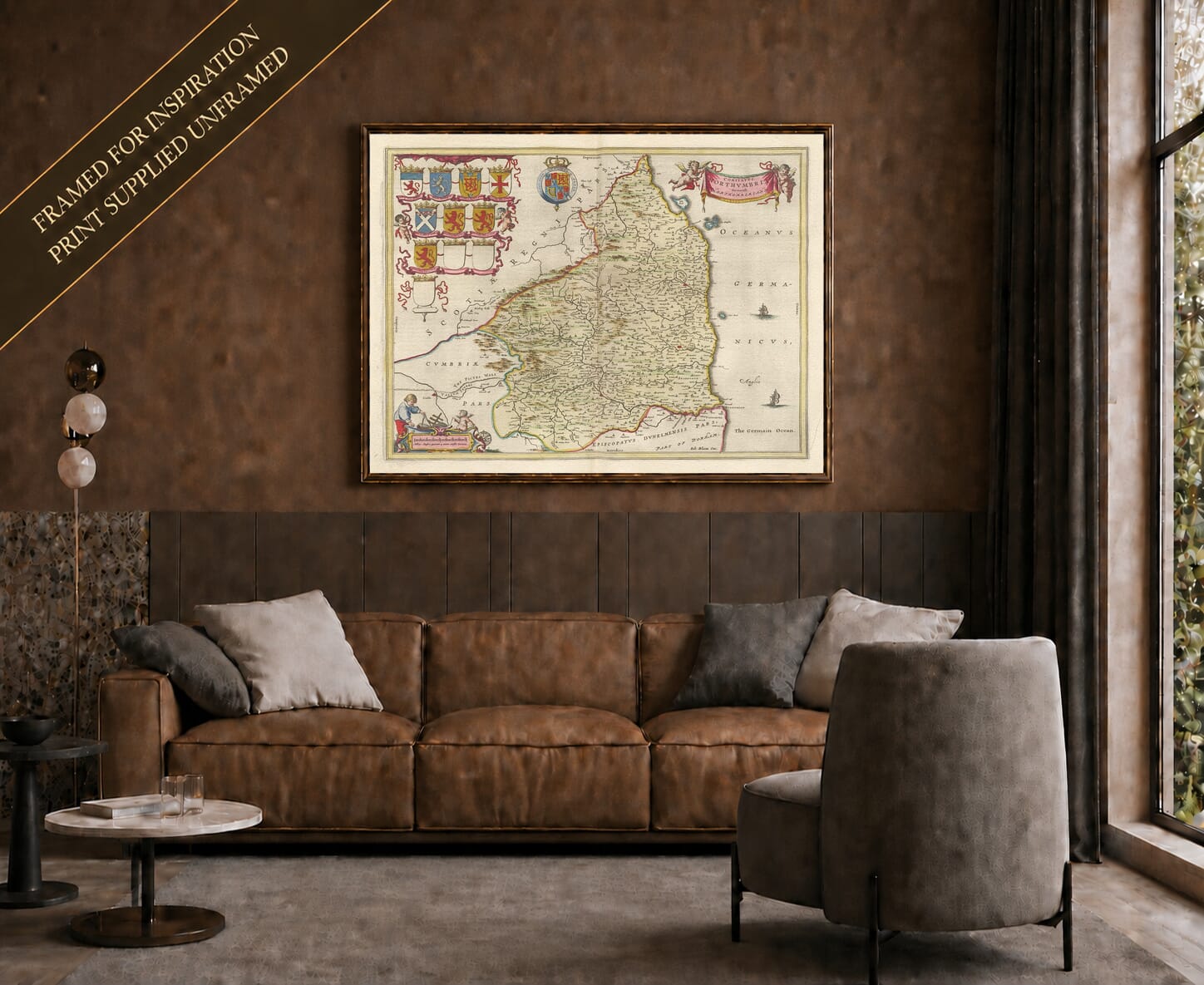 Joan Blaeu's old map of Northumberland shown framed; print supplied unframed