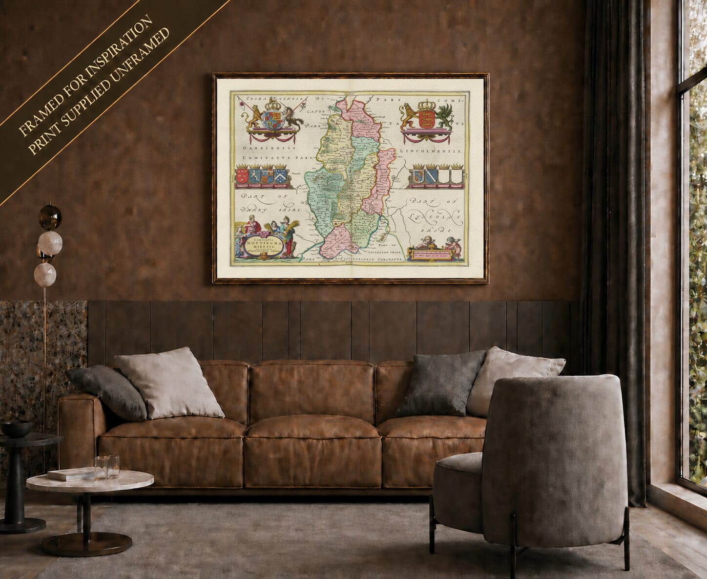 Joan Blaeu's old map of Nottinghamshire shown framed; print supplied unframed