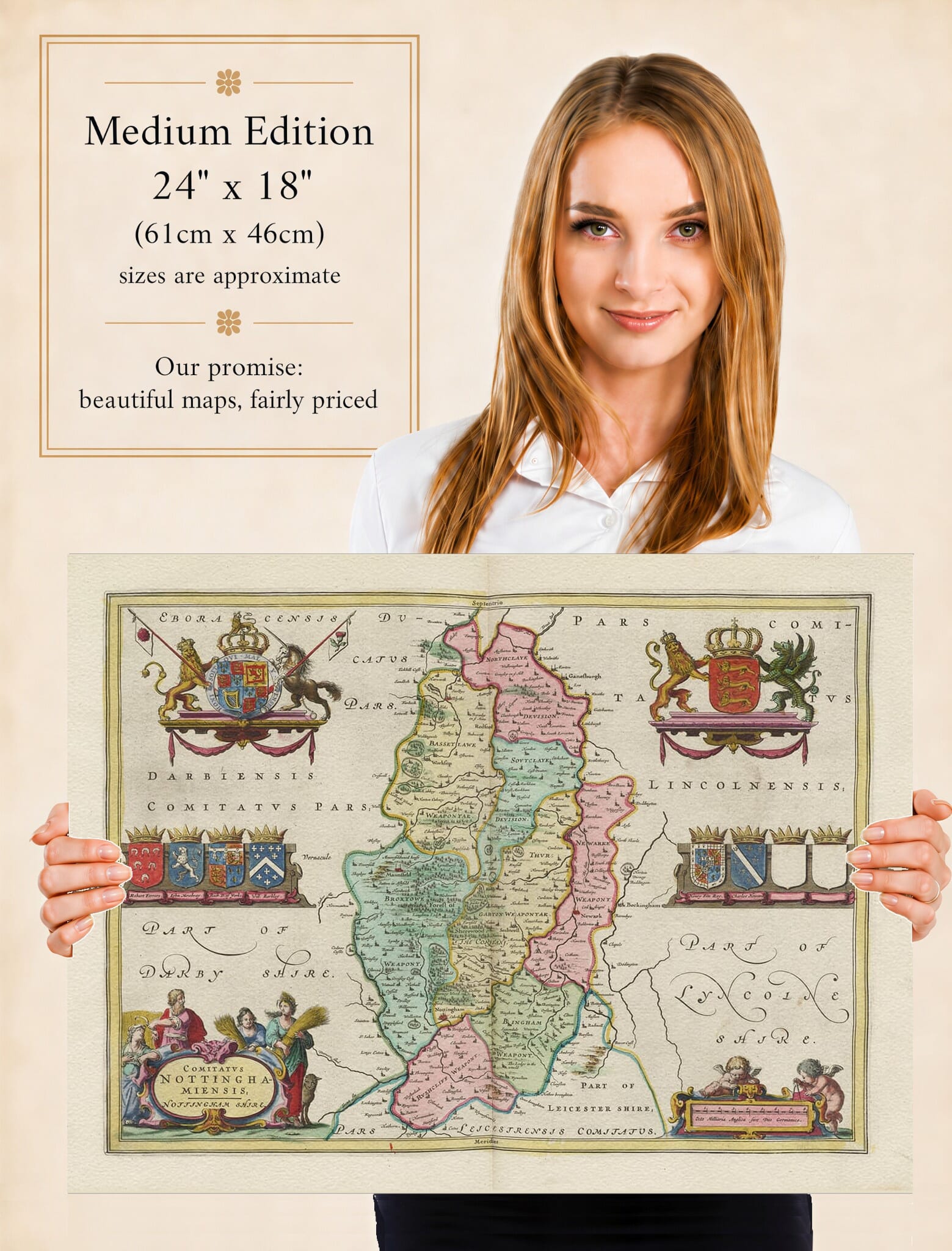 Lady holding the Medium Edition of Joan Blaeu's old map of Nottinghamshire