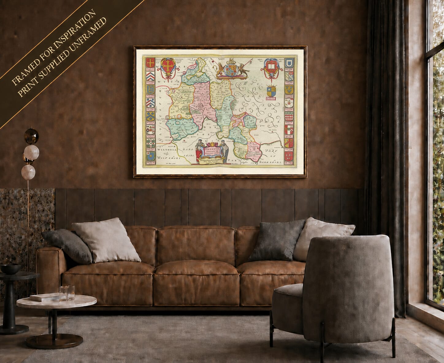 Joan Blaeu's old map of Oxfordshire shown framed; print supplied unframed