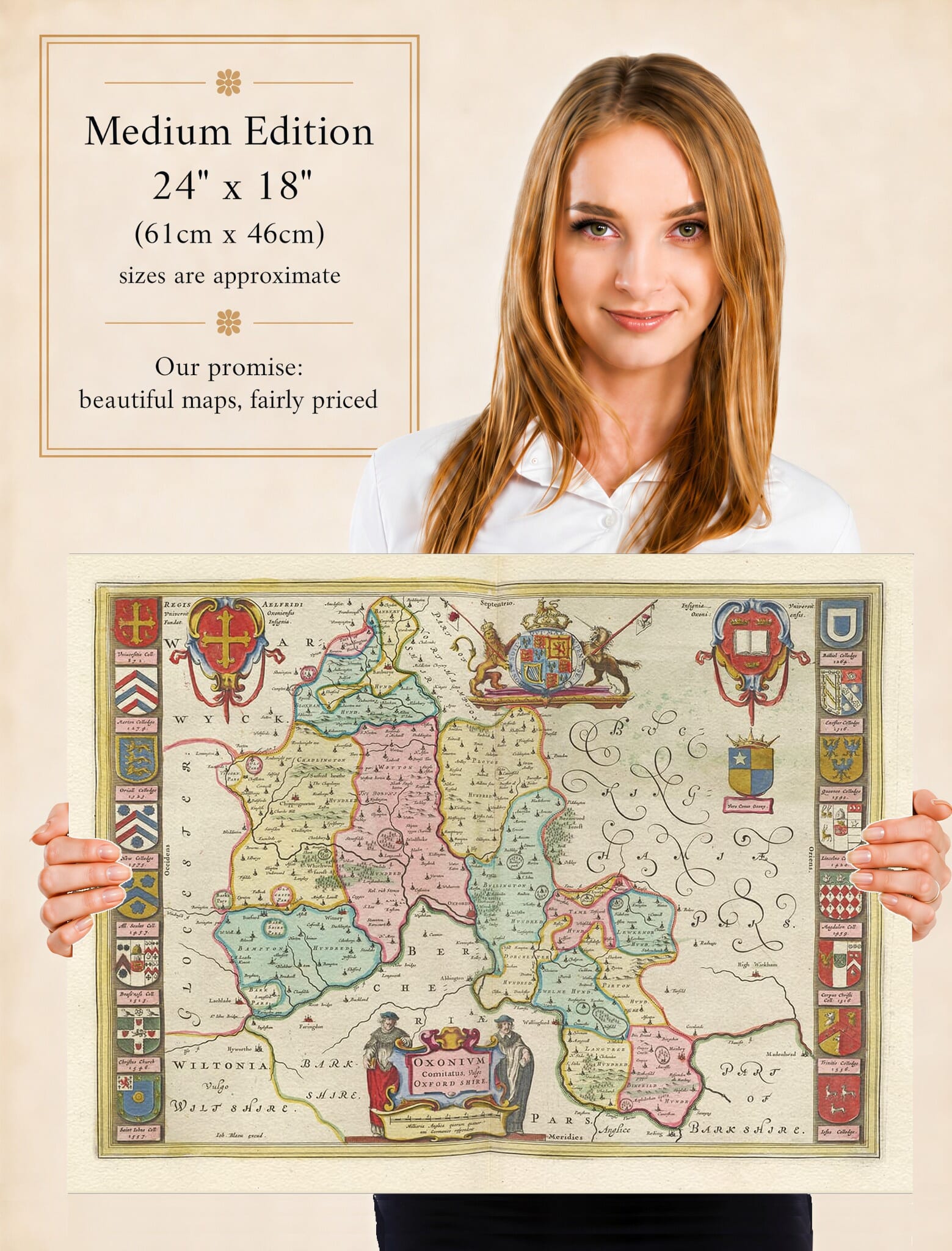 Lady holding the Medium Edition of Joan Blaeu's old map of Oxfordshire