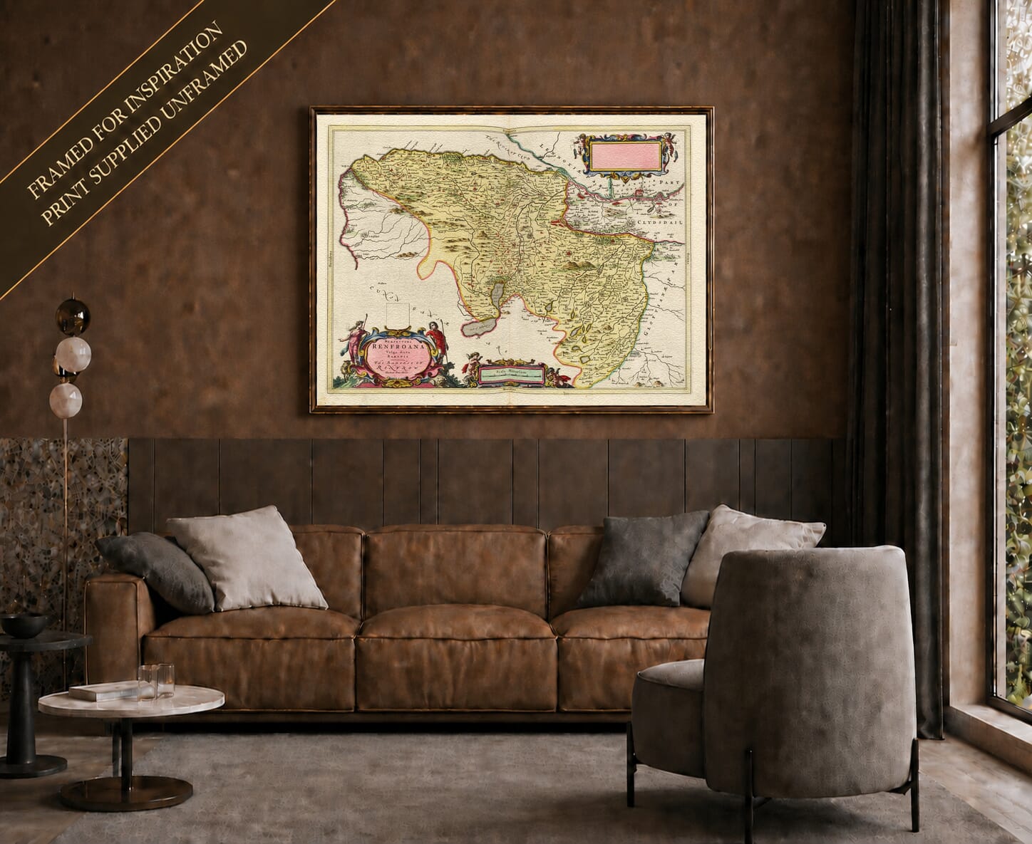 Joan Blaeu's old map of Renfrewshire shown framed; print supplied unframed
