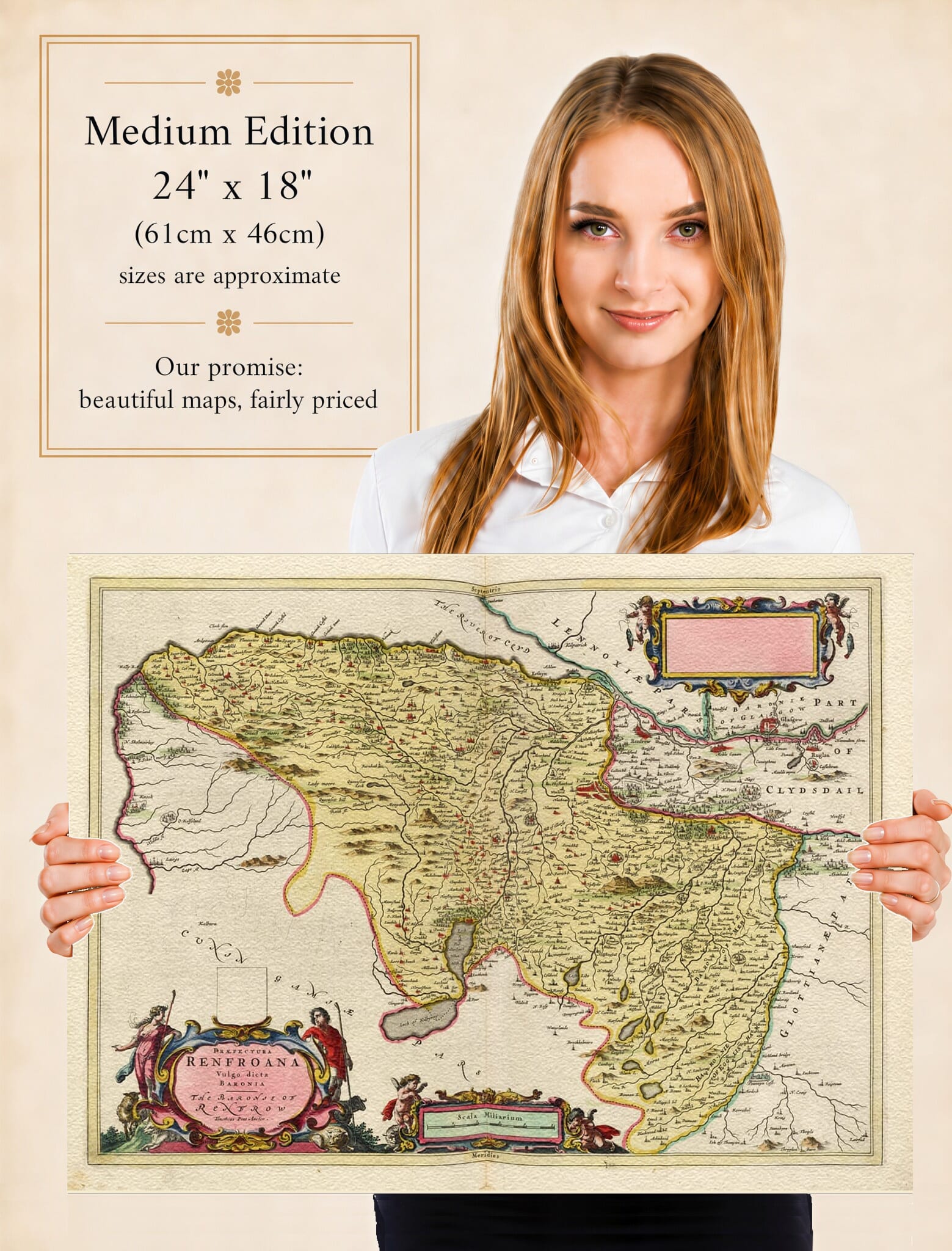 Lady holding the Medium Edition of Joan Blaeu's old map of Renfrewshire