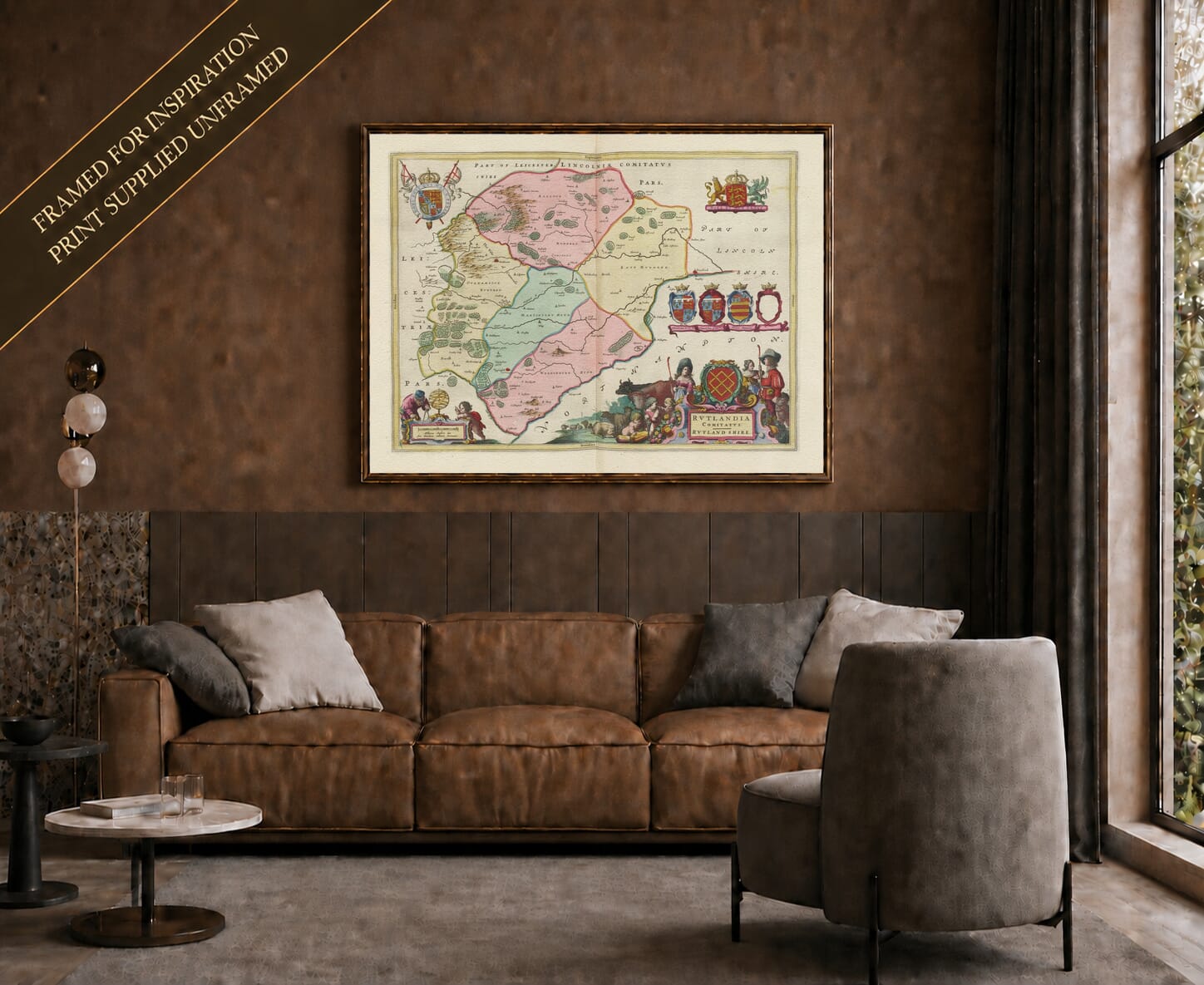 Joan Blaeu's old map of Rutland shown framed; print supplied unframed
