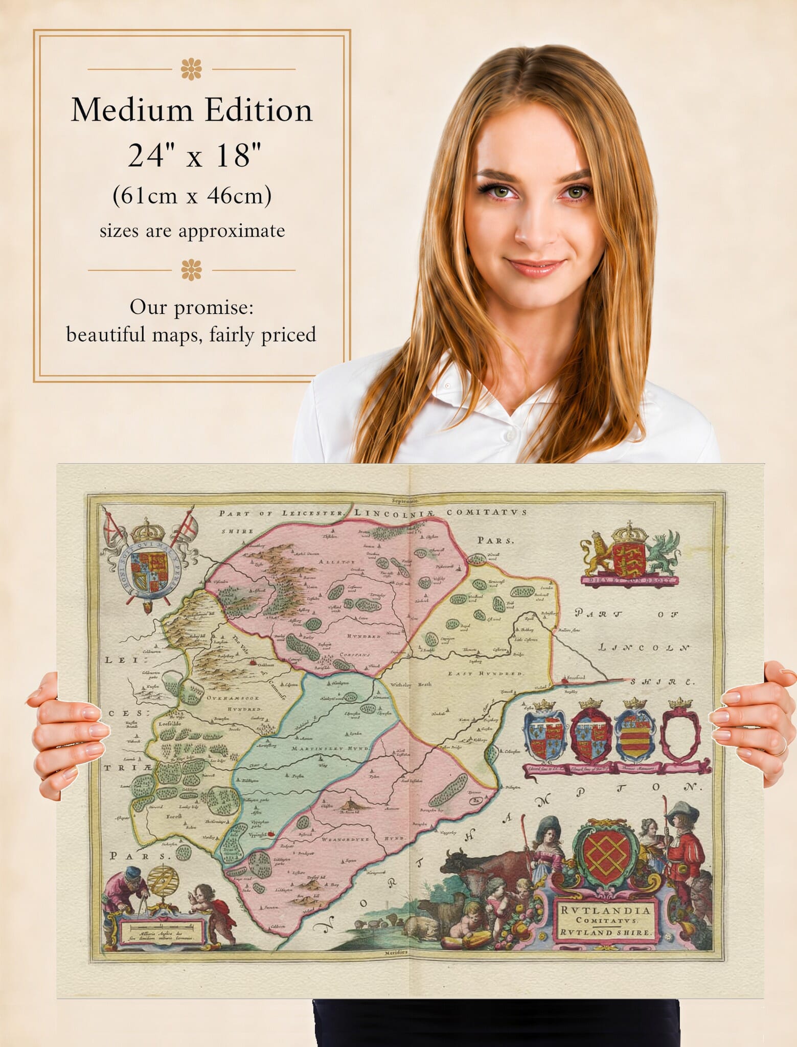Lady holding the Medium Edition of Joan Blaeu's old map of Rutland