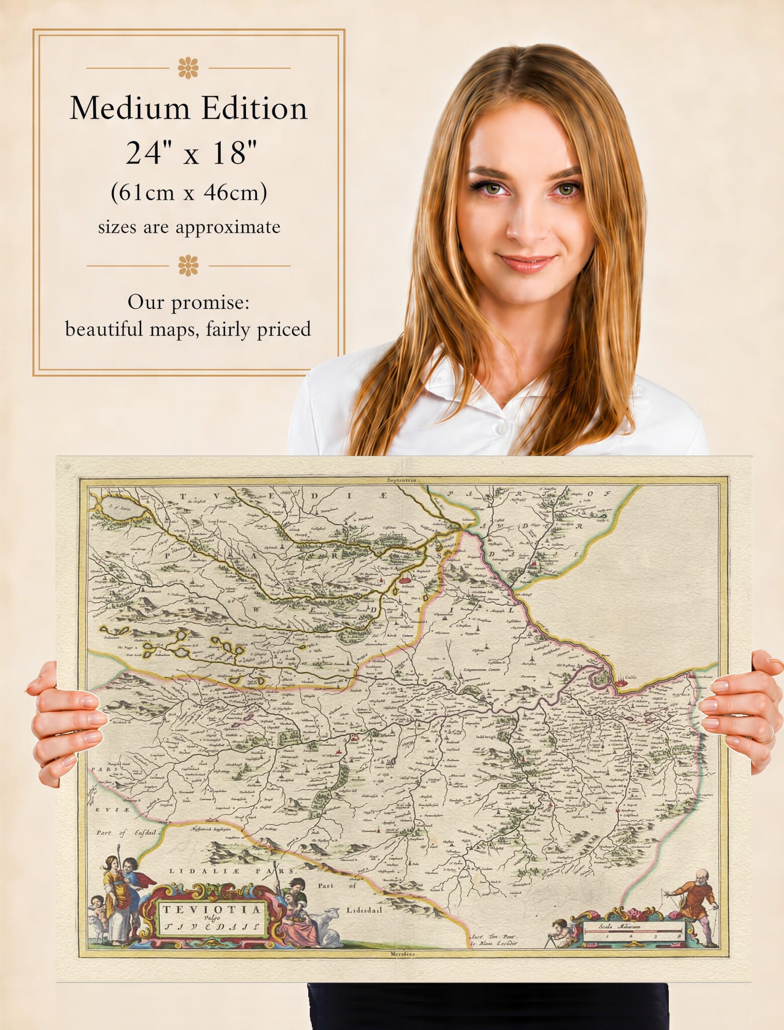 Lady holding the Medium Edition of Joan Blaeu's old map of Scottish Borders Teviotdale